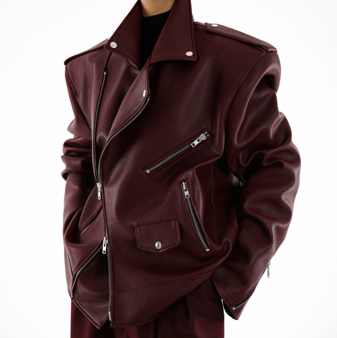 Oversized Chunky Zipped Vegan Leather Biker Jacket