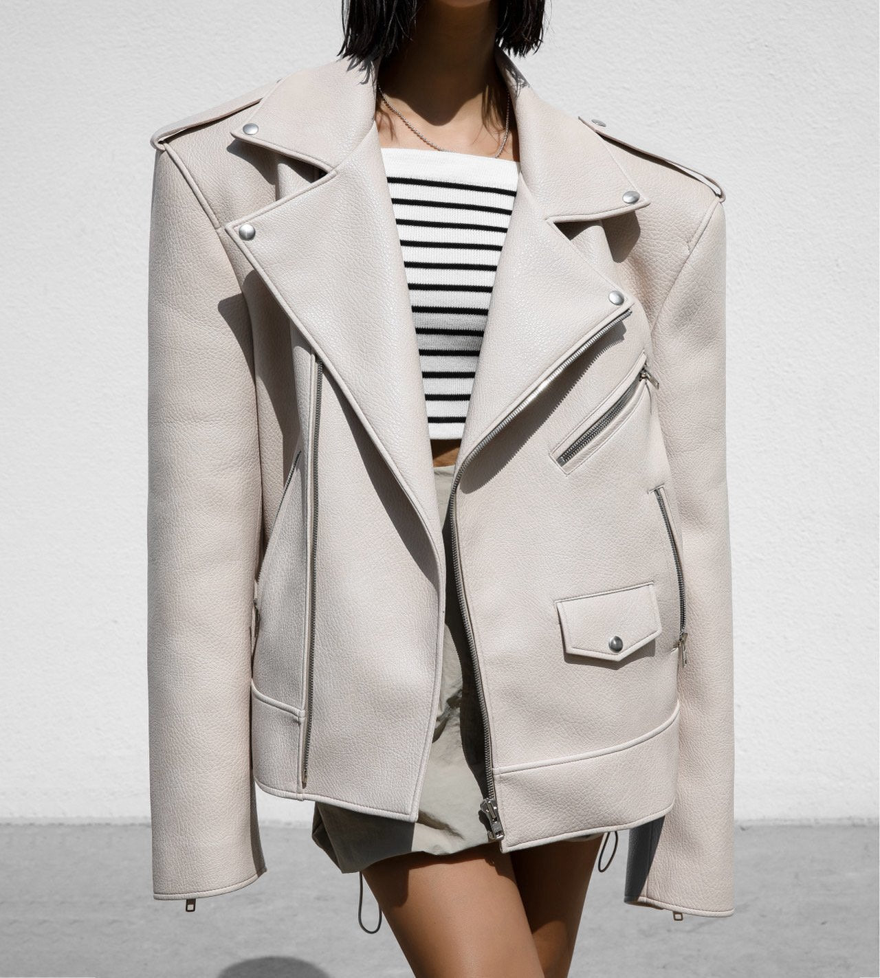 Oversized Chunky Zipped Vegan Leather Biker Jacket