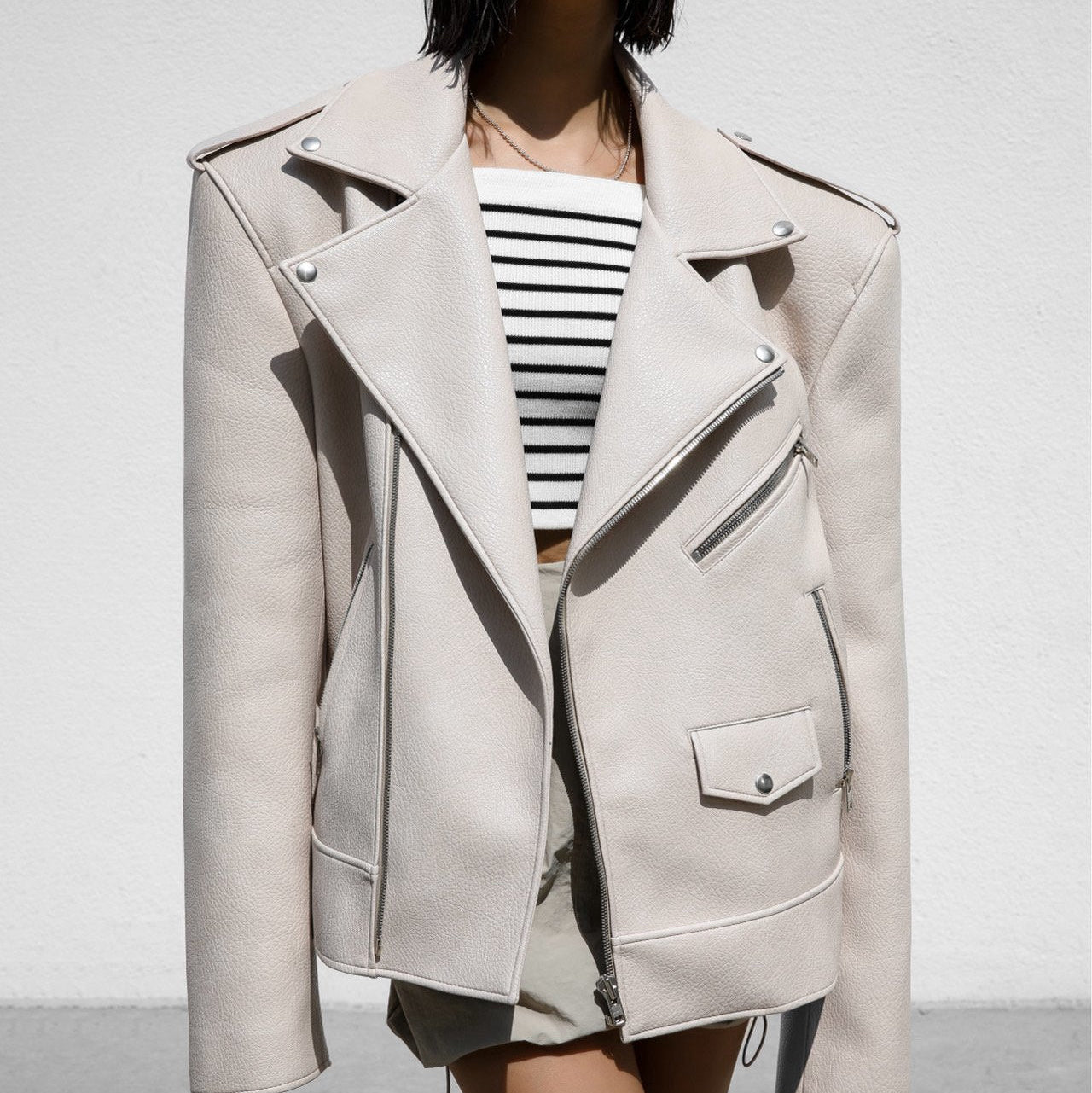 Oversized Chunky Zipped Vegan Leather Biker Jacket