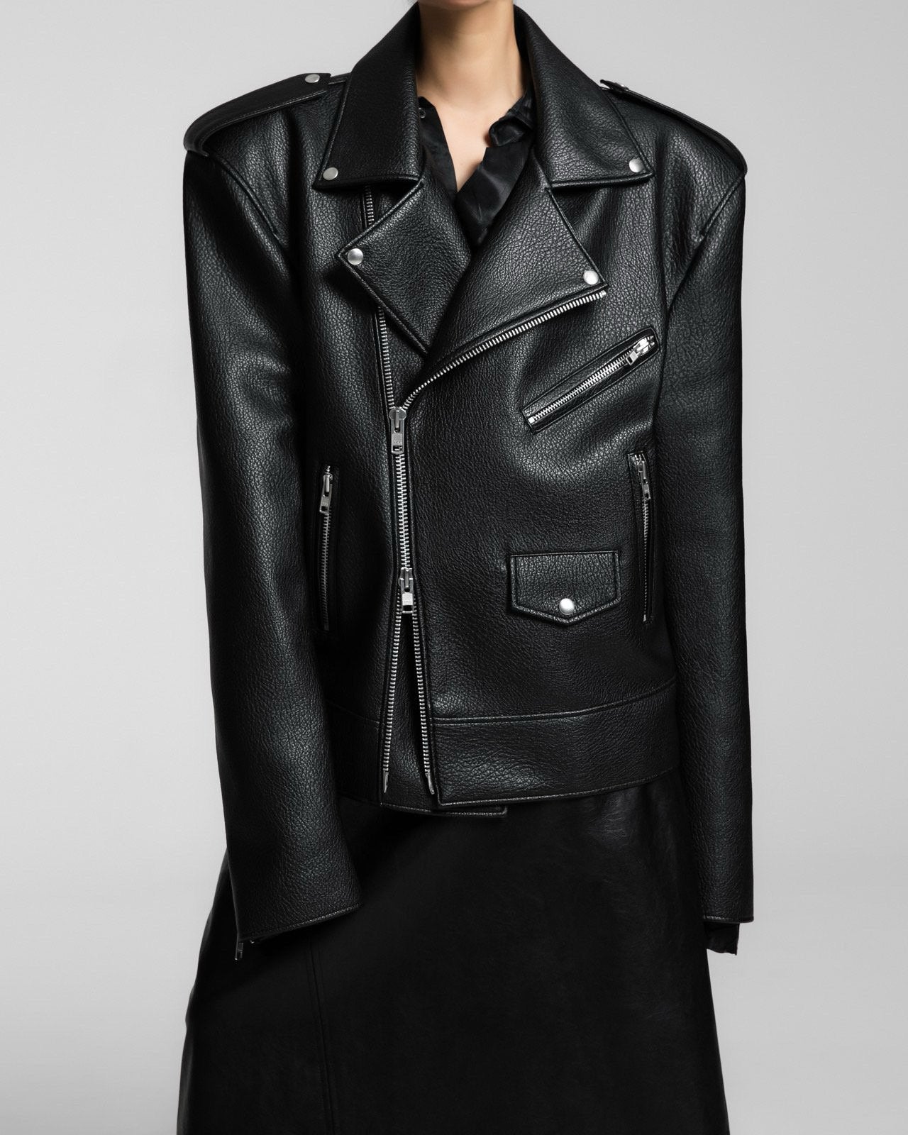 Oversized Chunky Zipped Vegan Leather Biker Jacket