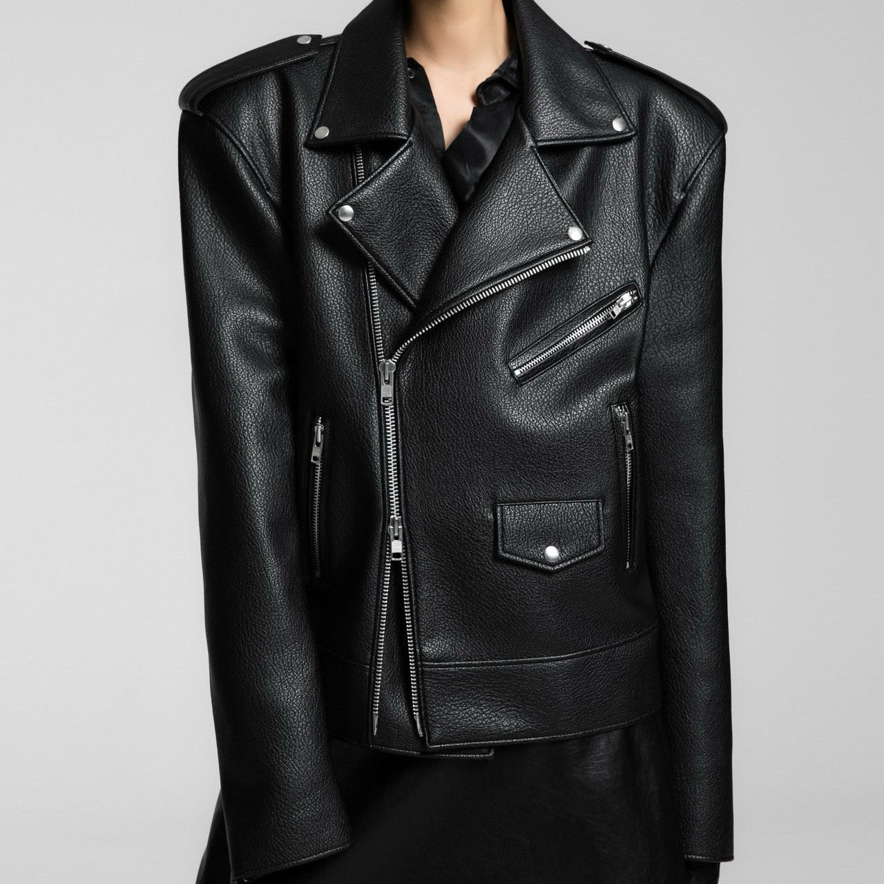 Oversized Chunky Zipped Vegan Leather Biker Jacket