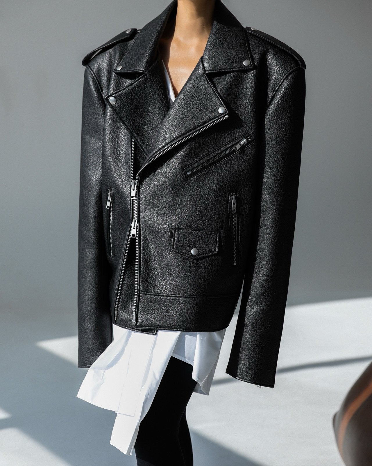 Oversized Chunky Zipped Vegan Leather Biker Jacket