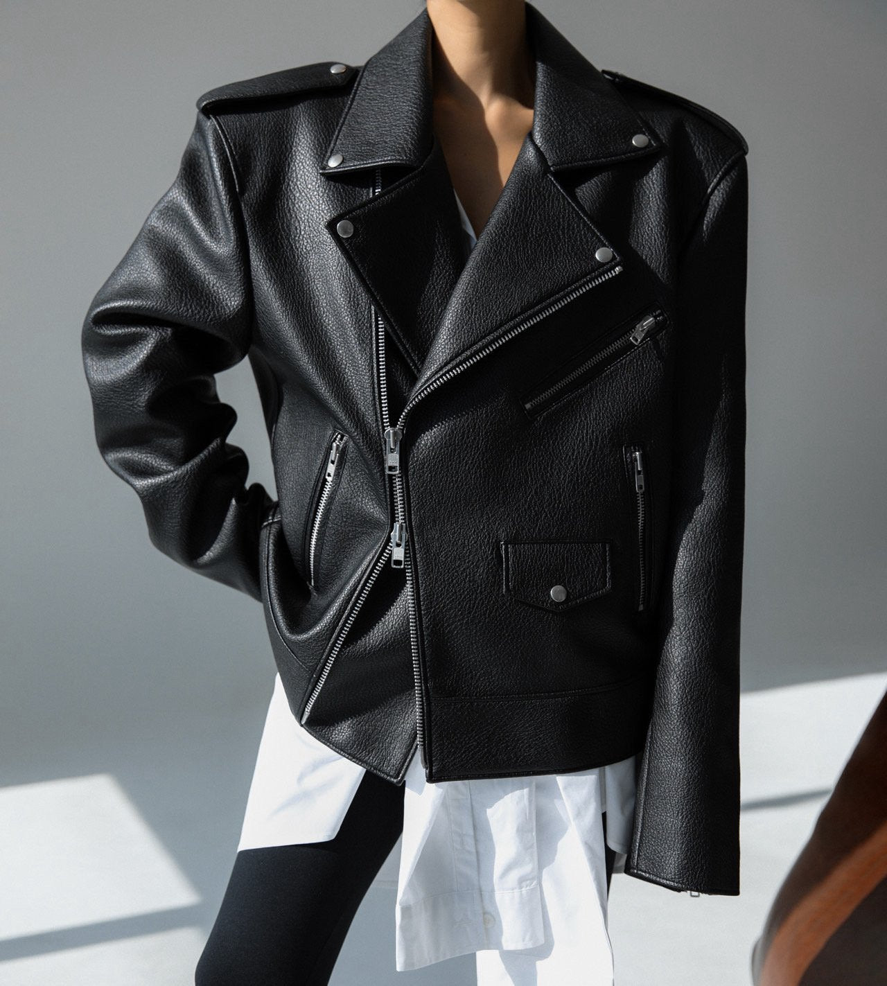 Oversized Chunky Zipped Vegan Leather Biker Jacket