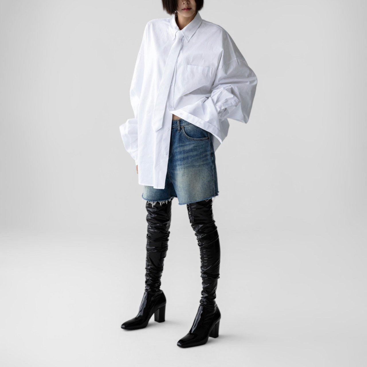 Oversized Neck Tie Button Down Dress - White