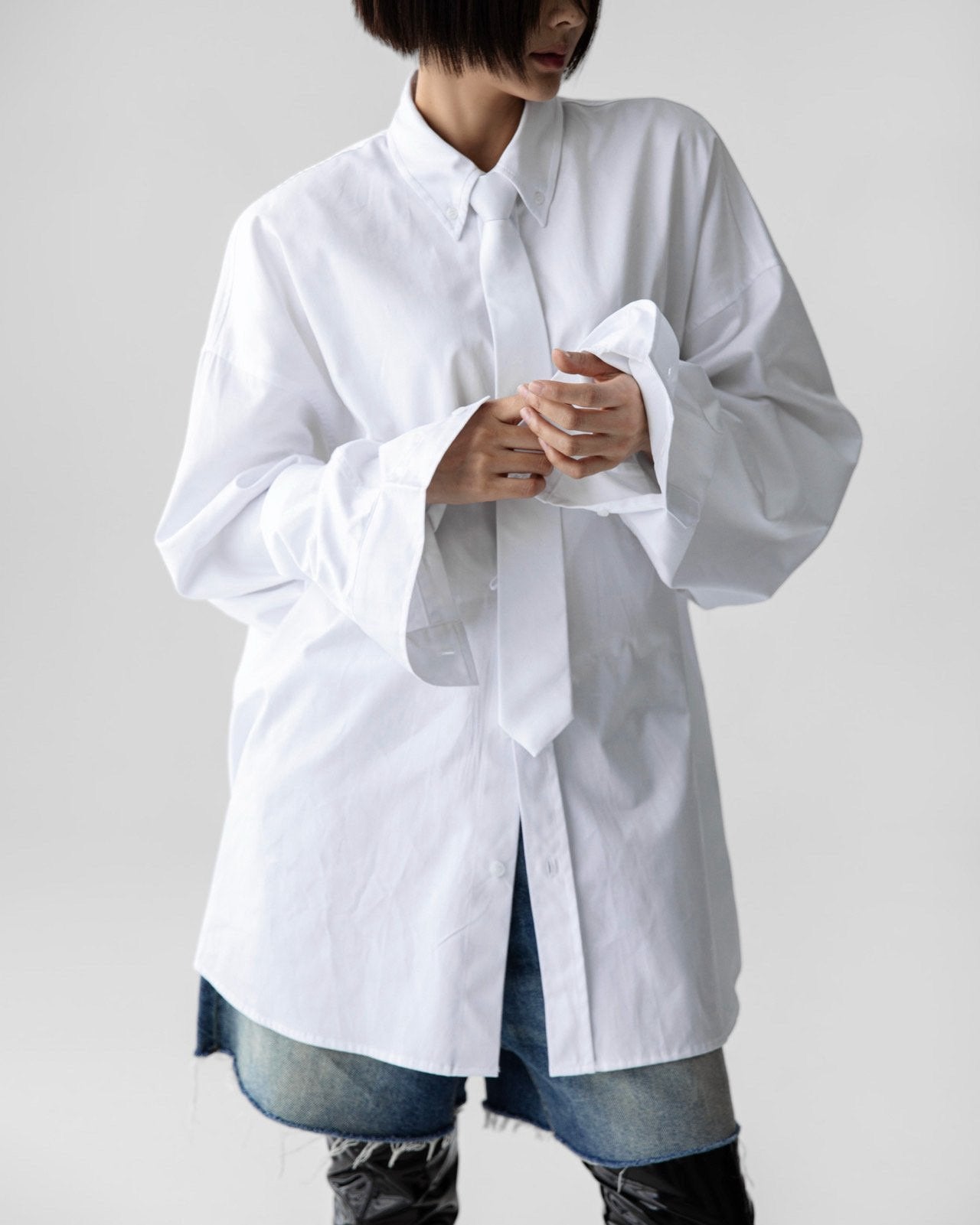 Oversized Neck Tie Button Down Dress - White