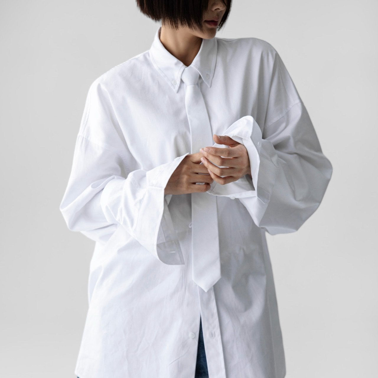 Oversized Neck Tie Button Down Dress - White