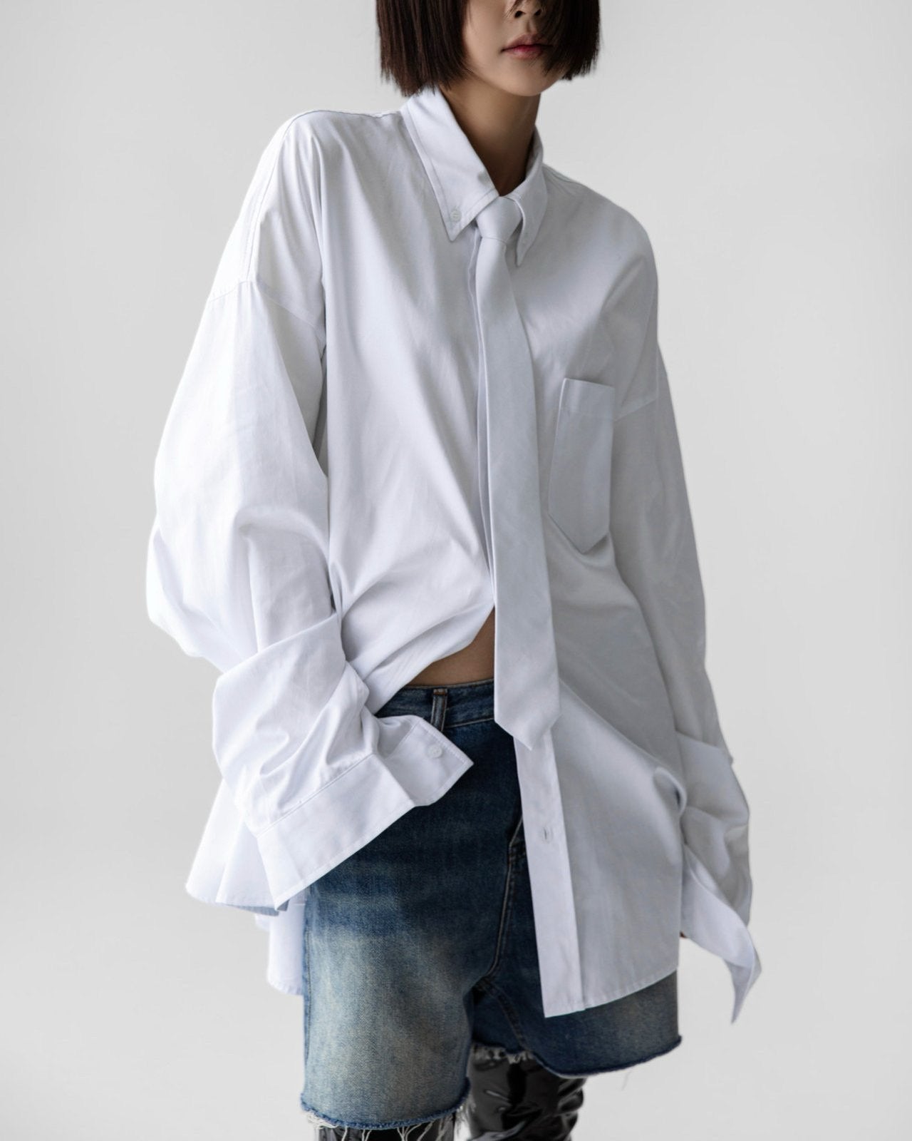 Oversized Neck Tie Button Down Dress - White
