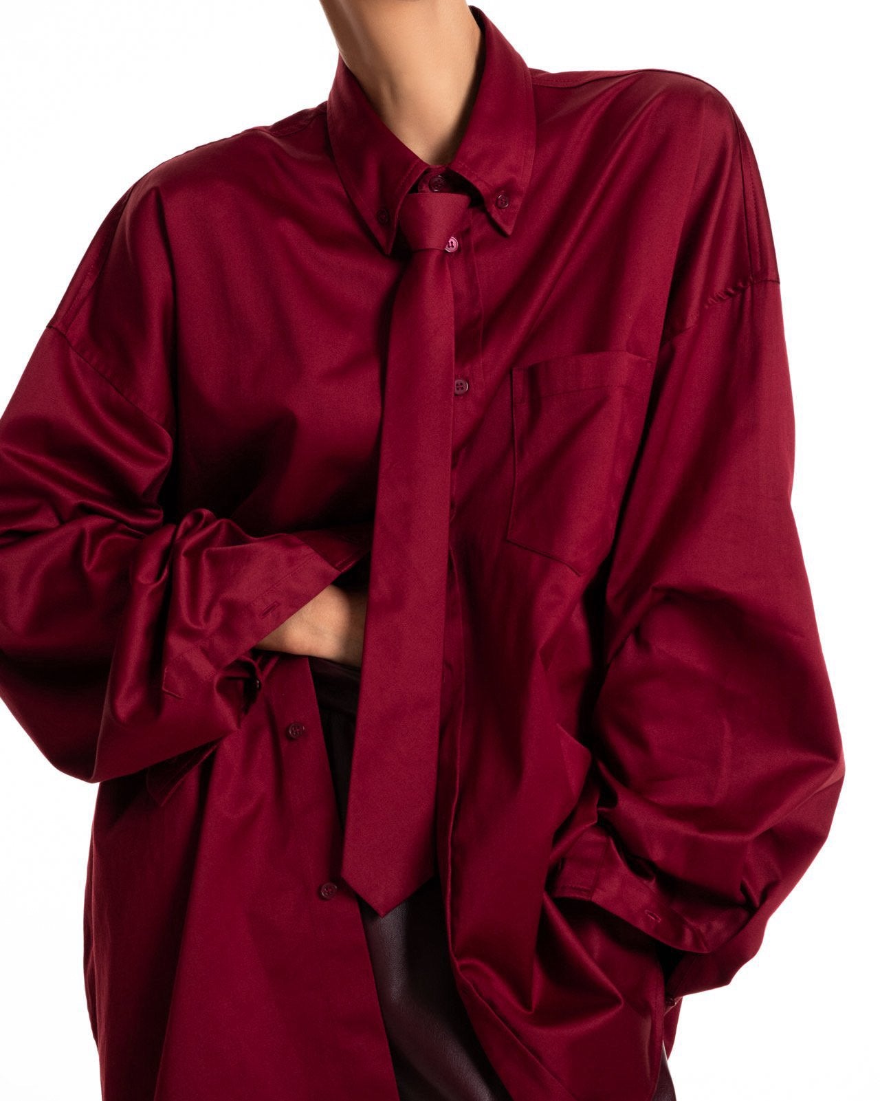 Oversized Neck Tie Button Down Dress - Burgundy