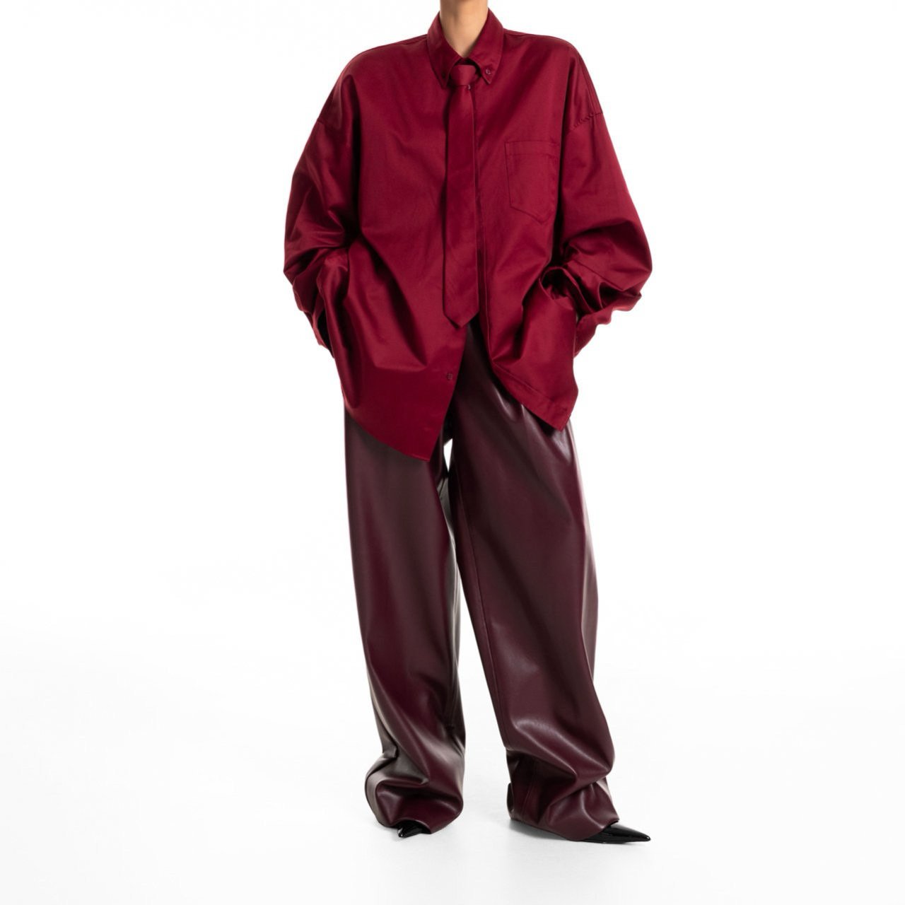 Oversized Neck Tie Button Down Dress - Burgundy
