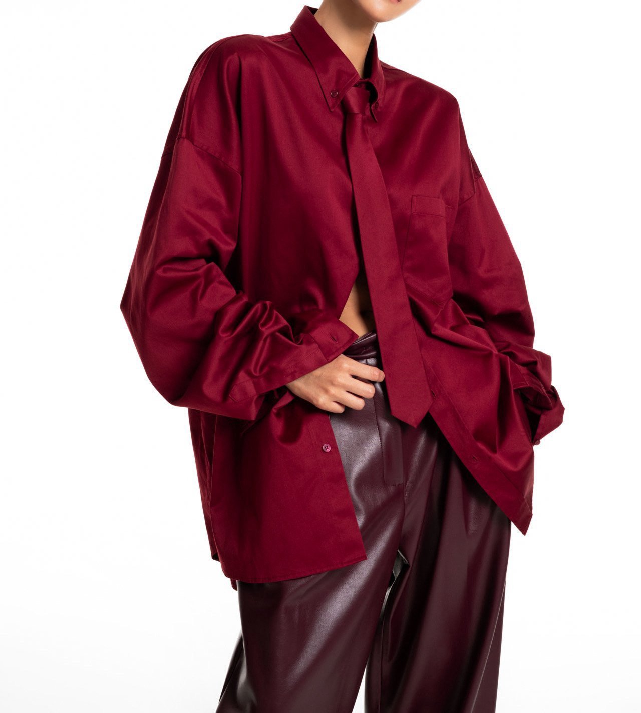 Oversized Neck Tie Button Down Dress - Burgundy