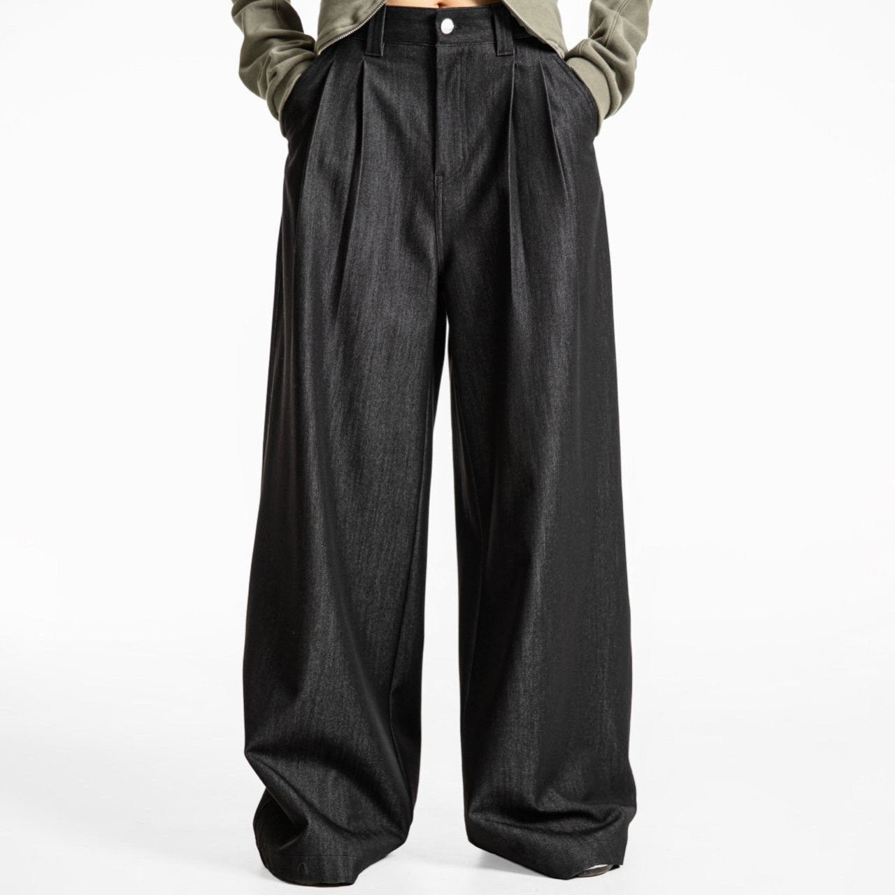 Pleated Detail Twill Denim Wide Trousers