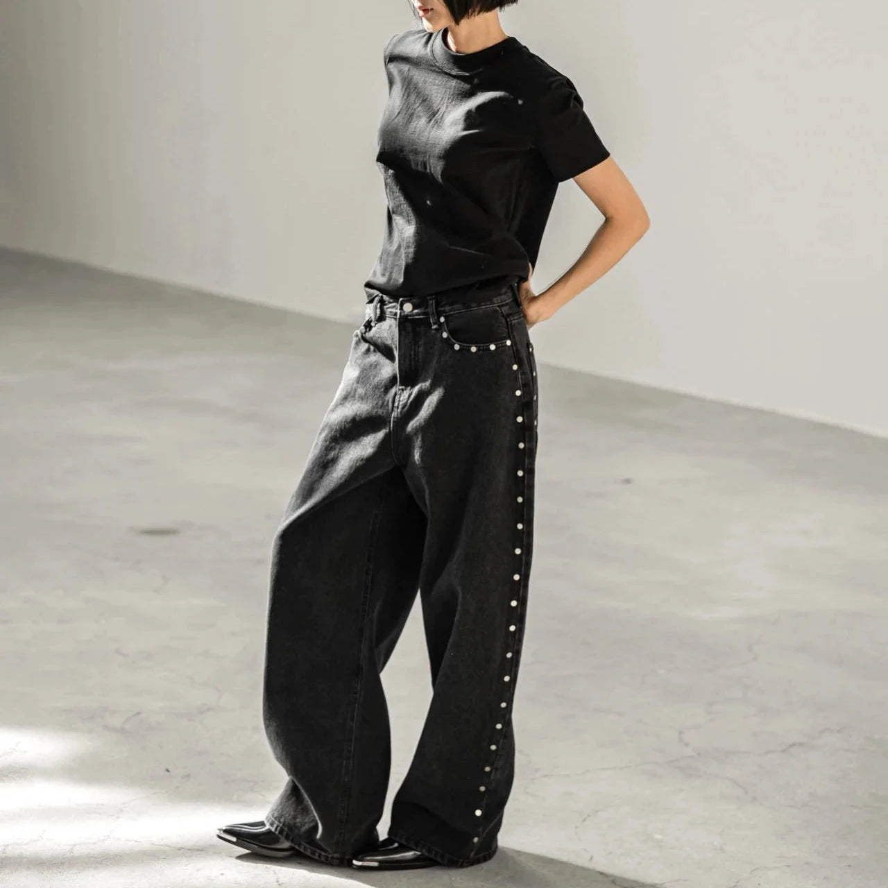 Pantalones Anchos Vaqueros con Tachuelas
