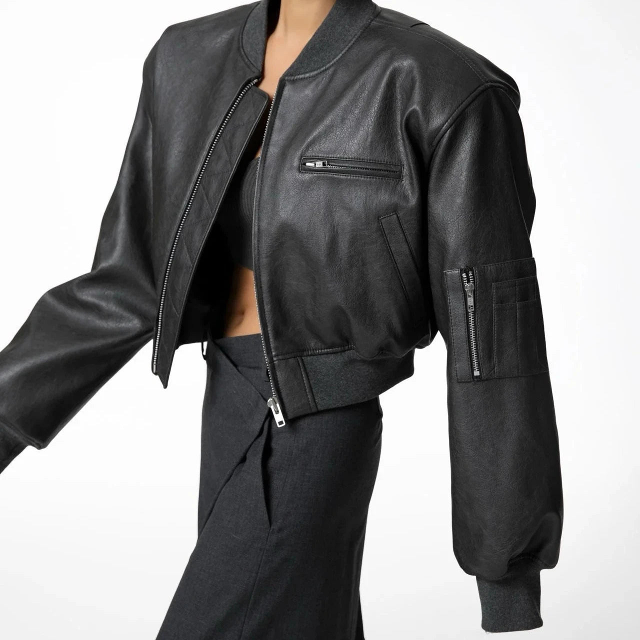 Vegan Cropped Bomber Jacket - Black