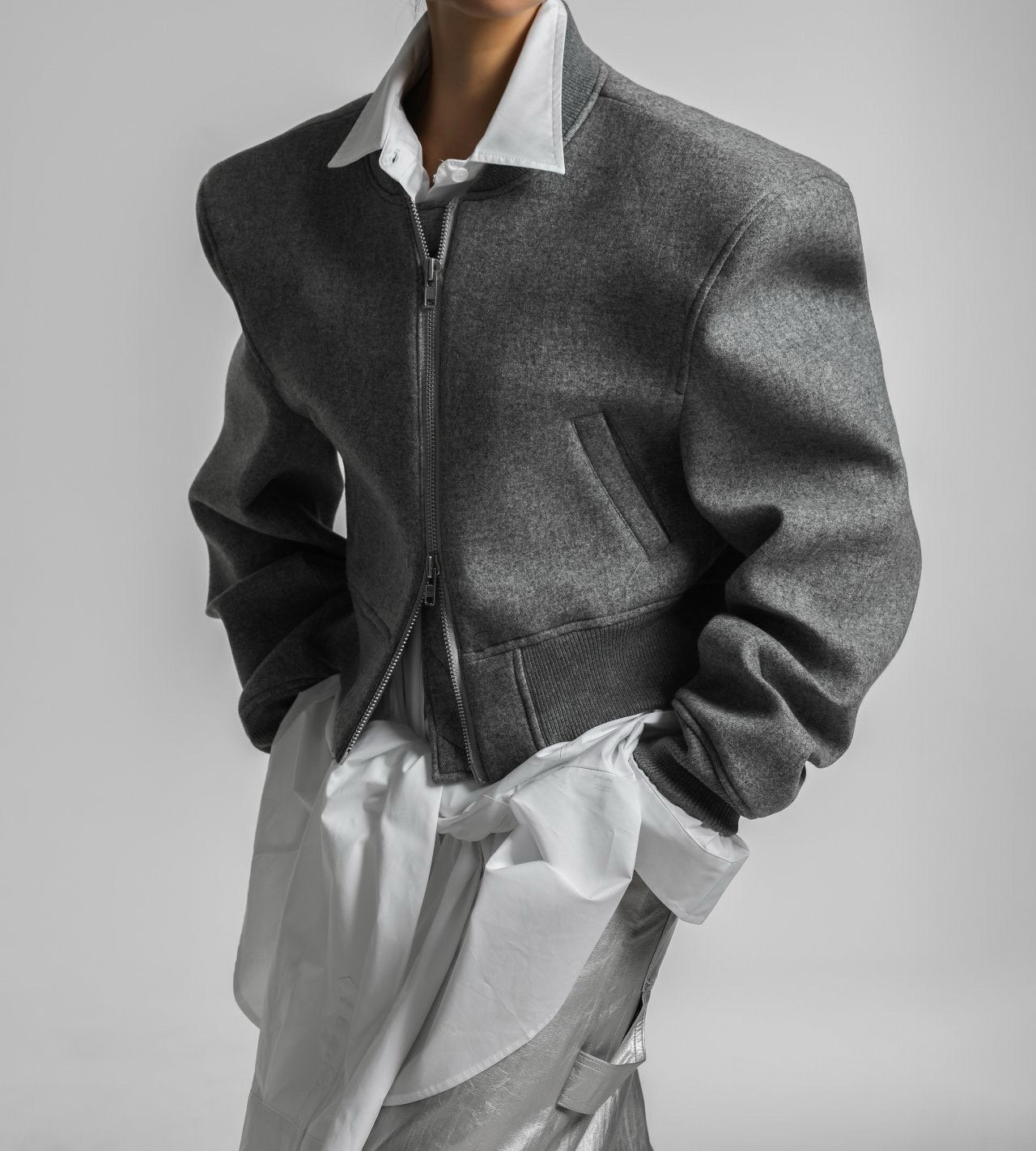 Cushioned Fabric Padded Shoulder Bomber Jacket