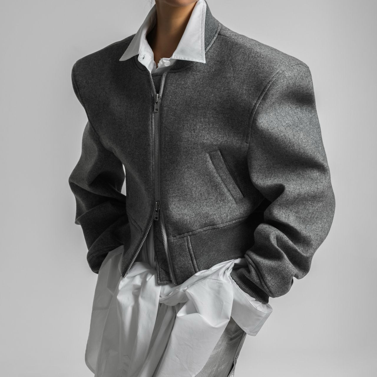 Cushioned Fabric Padded Shoulder Bomber Jacket