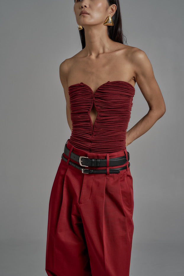 Ruched Strapless Corset Top - Deep Red