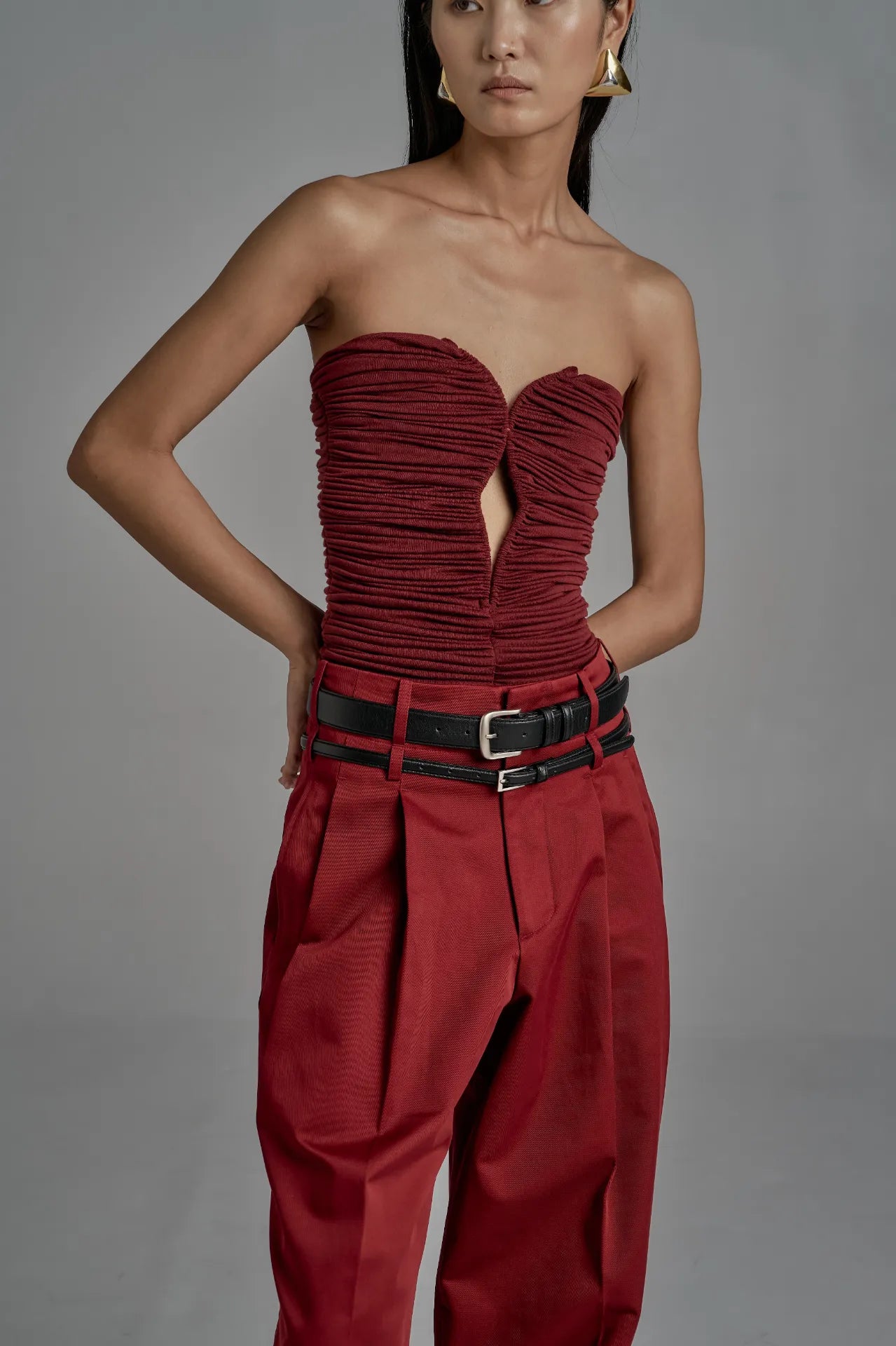 Ruched Strapless Corset Top - Deep Red
