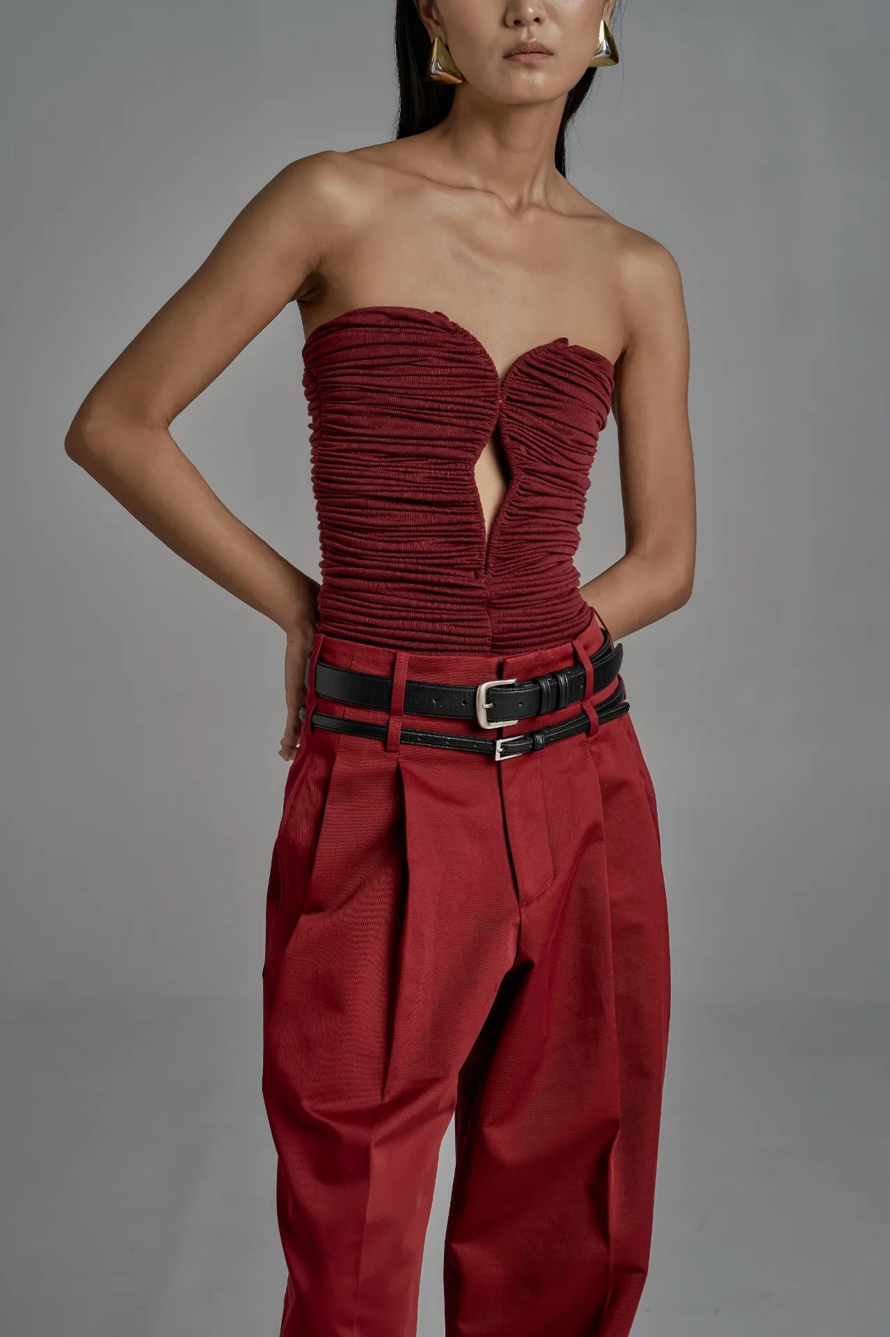 Ruched Strapless Corset Top - Deep Red