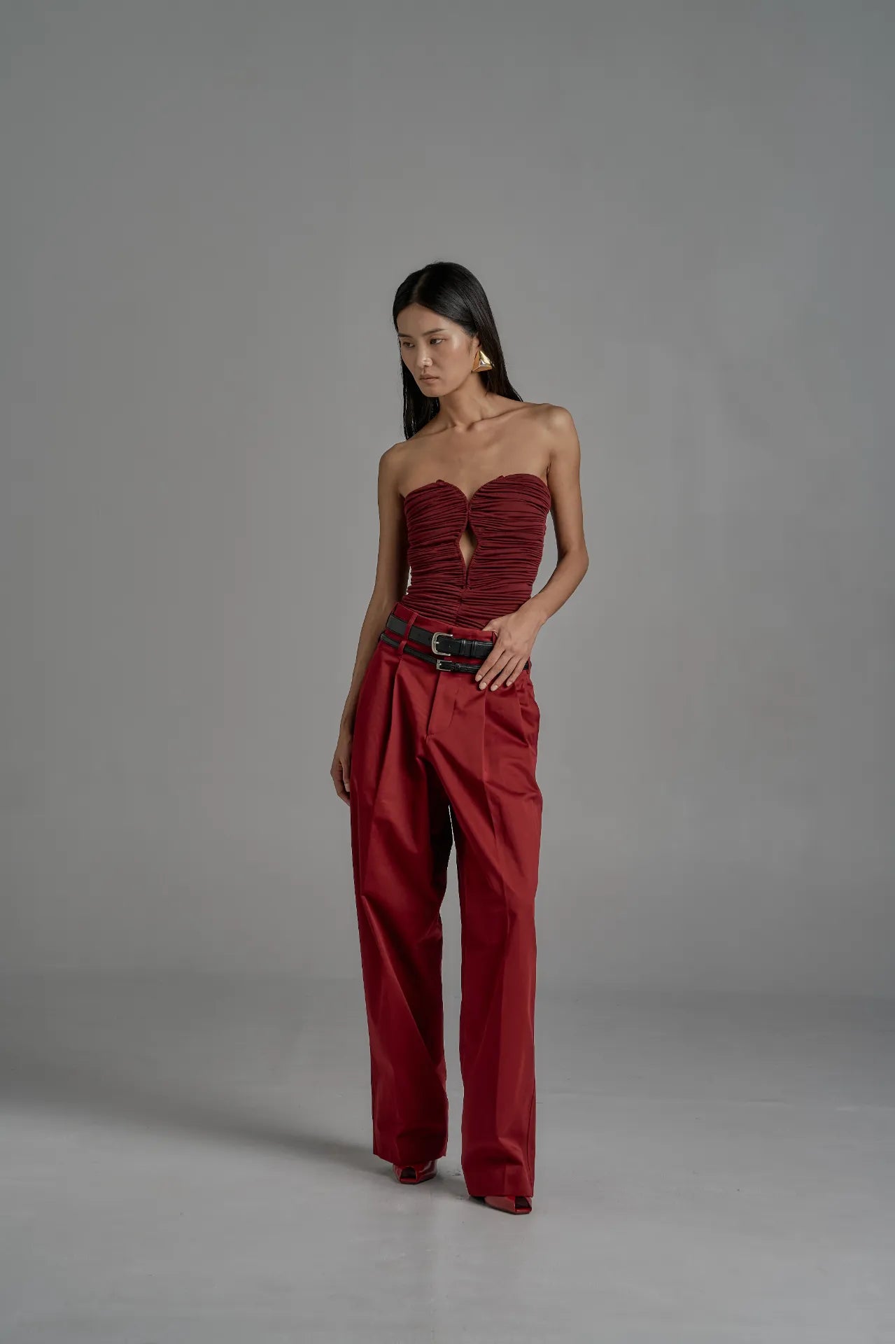 Ruched Strapless Corset Top - Deep Red