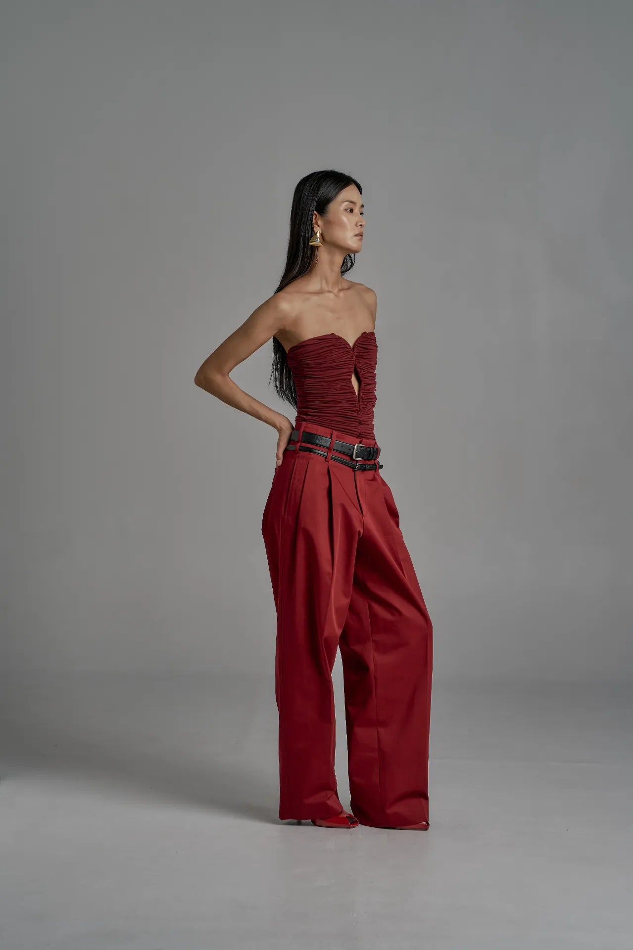 Ruched Strapless Corset Top - Deep Red