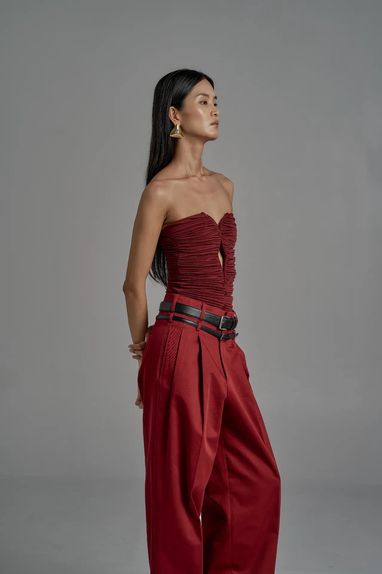 Ruched Strapless Corset Top - Deep Red