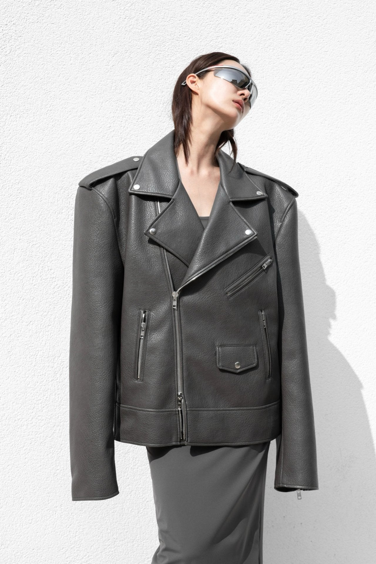 Grey Oversized Chunky Zipped Vegan Leather Biker Jacket