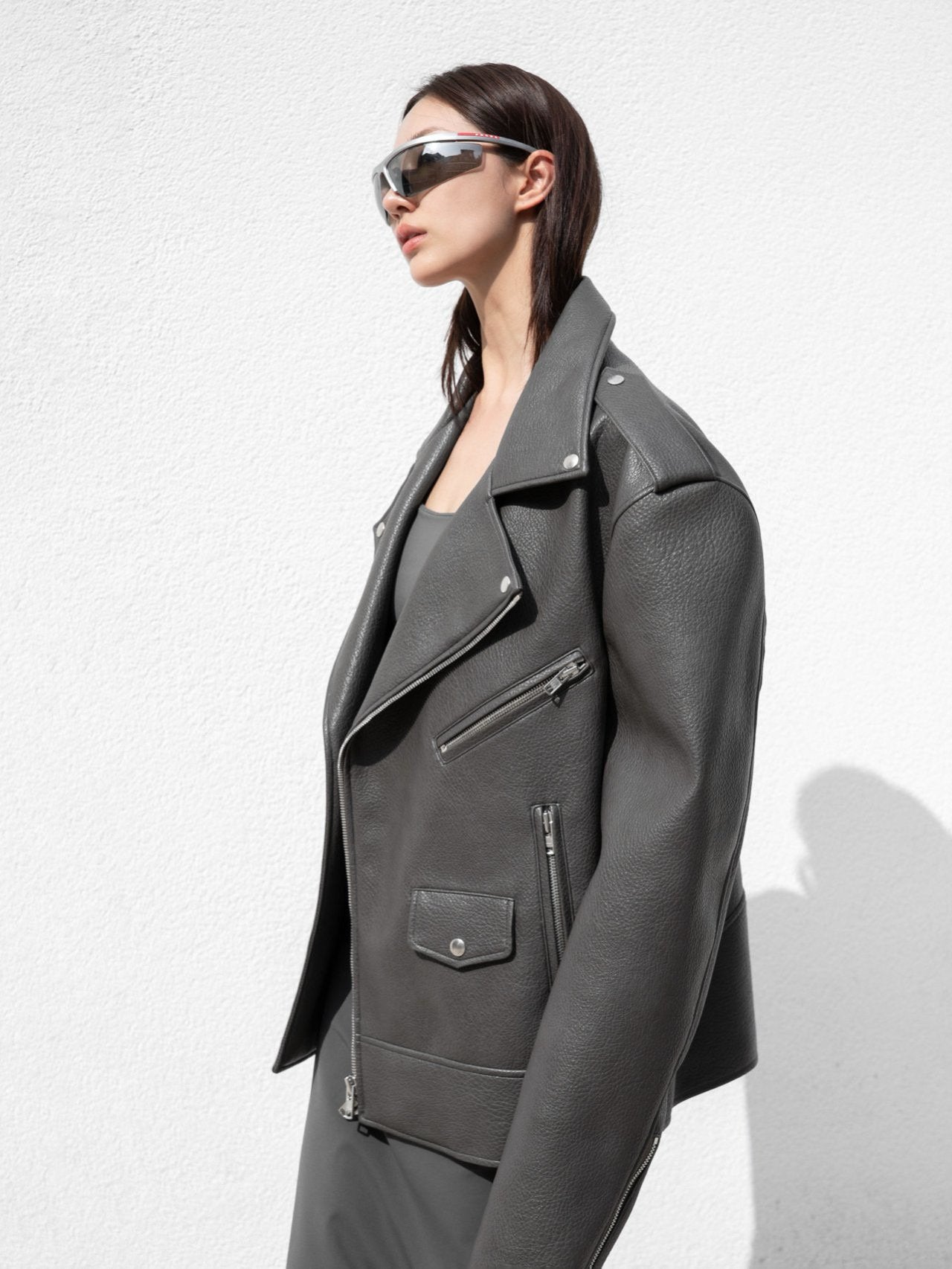 Grey Oversized Chunky Zipped Vegan Leather Biker Jacket
