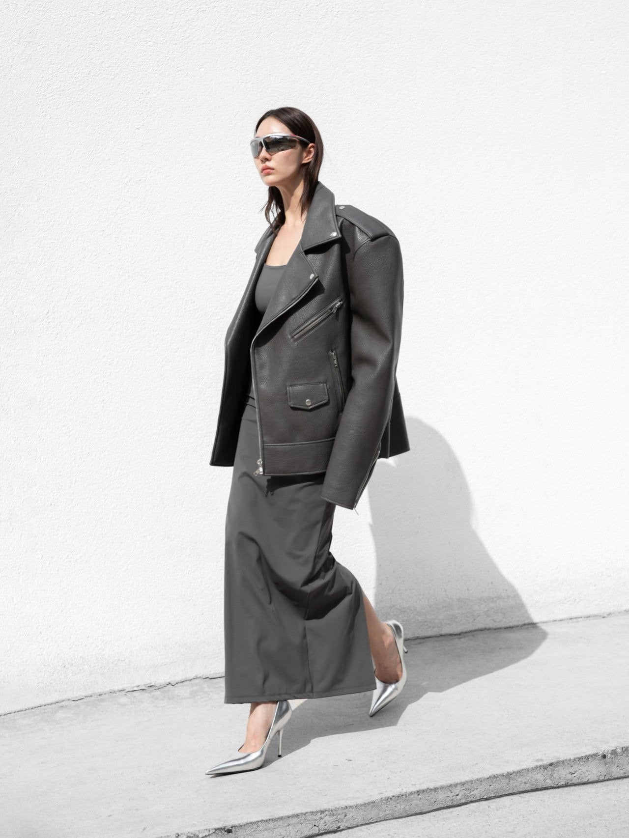 Grey Oversized Chunky Zipped Vegan Leather Biker Jacket
