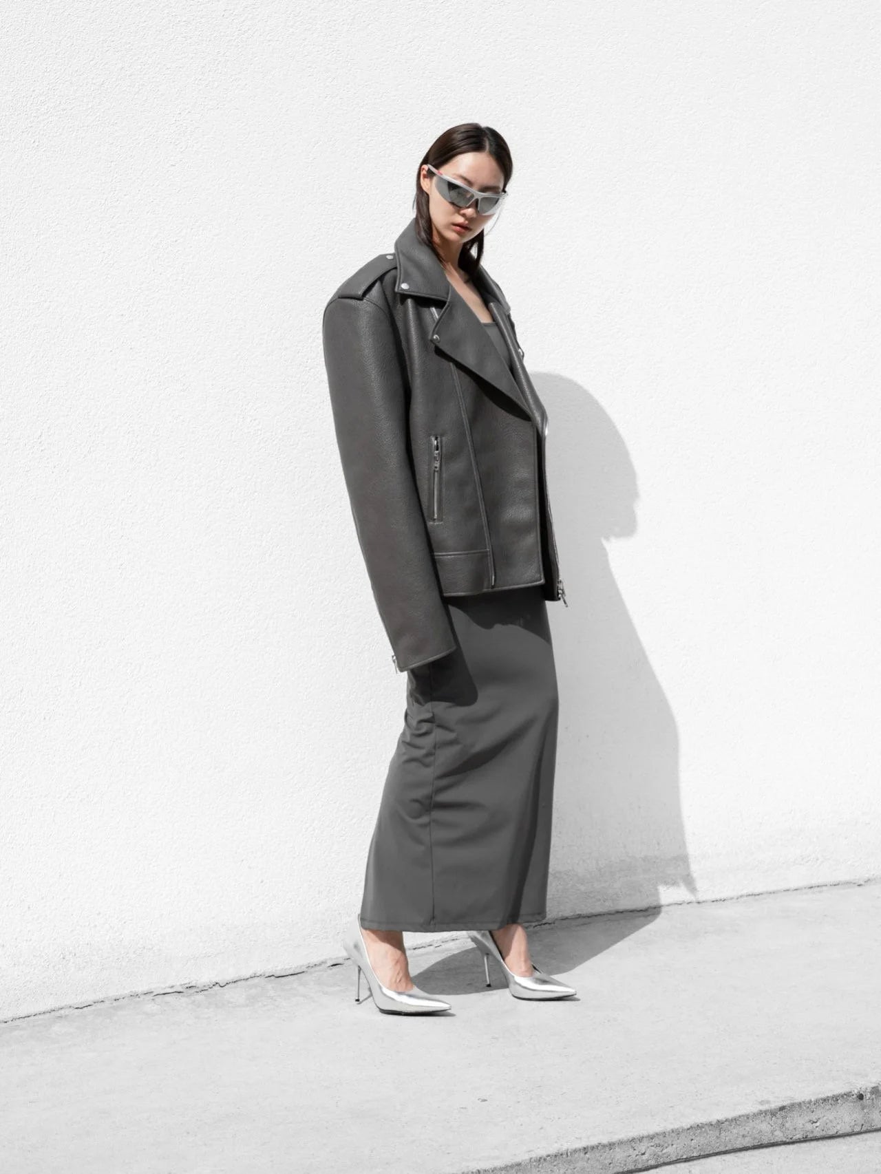 Grey Oversized Chunky Zipped Vegan Leather Biker Jacket