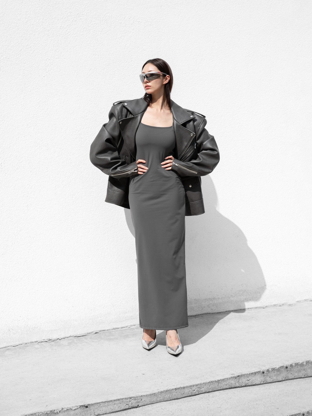 Grey Oversized Chunky Zipped Vegan Leather Biker Jacket