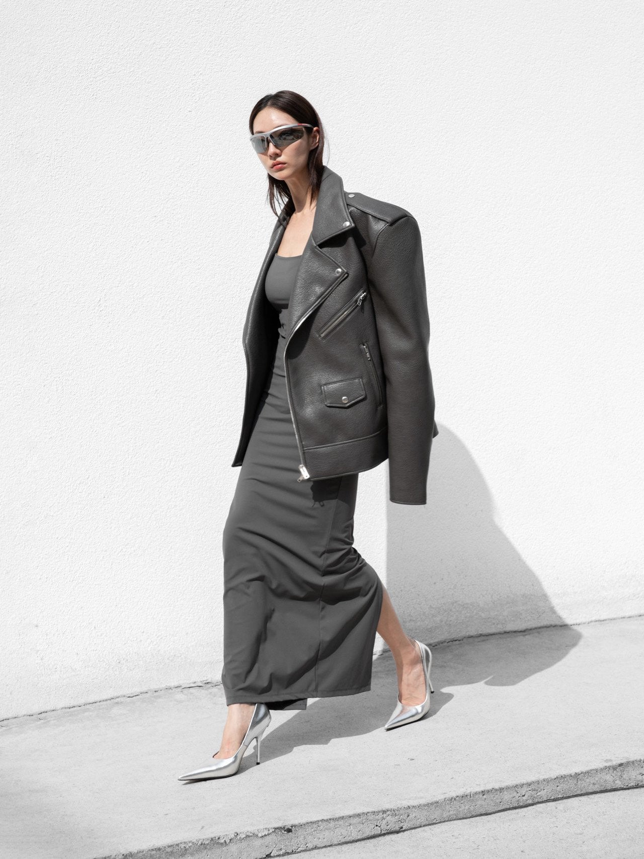 Grey Oversized Chunky Zipped Vegan Leather Biker Jacket