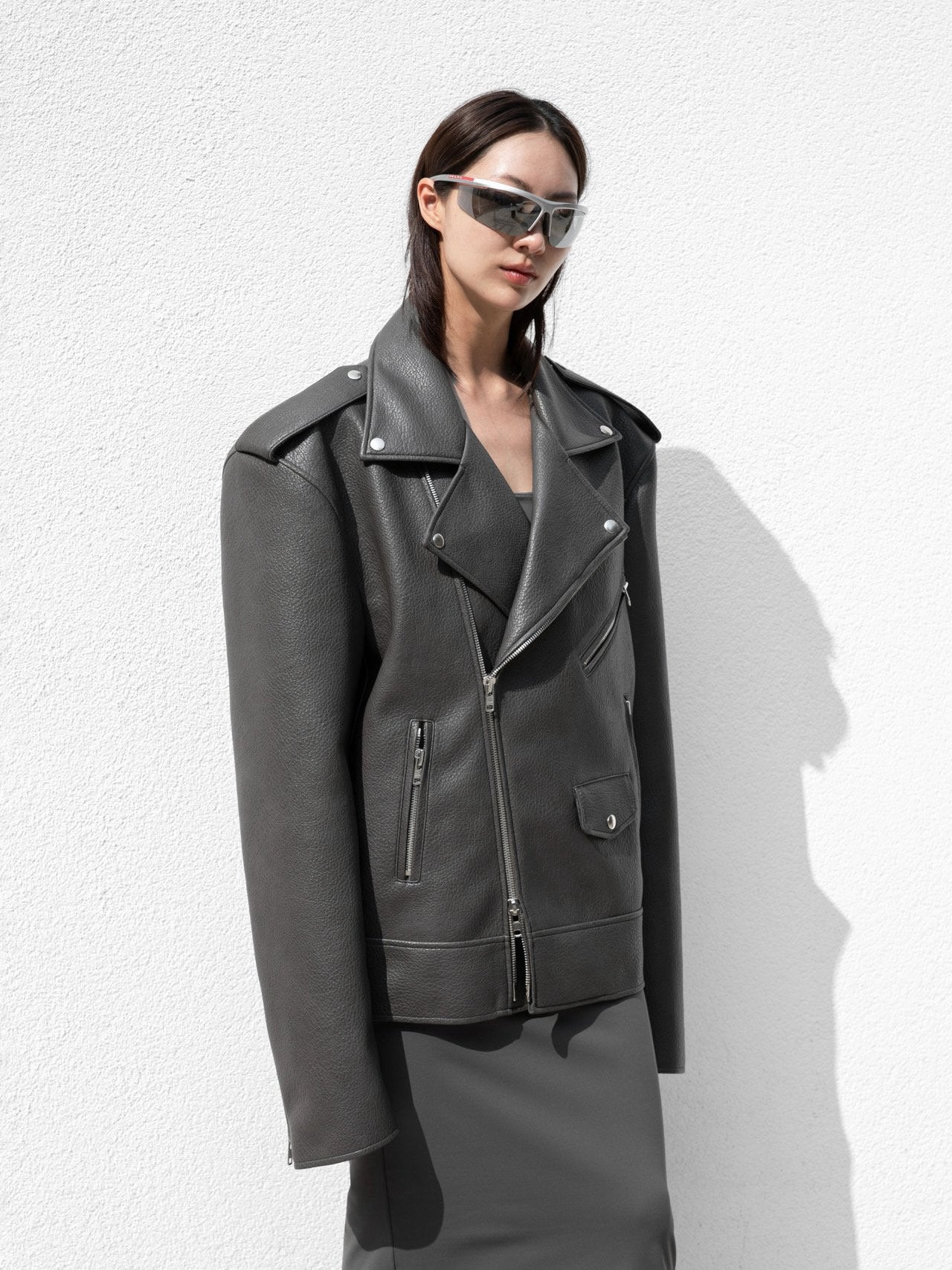 Grey Oversized Chunky Zipped Vegan Leather Biker Jacket