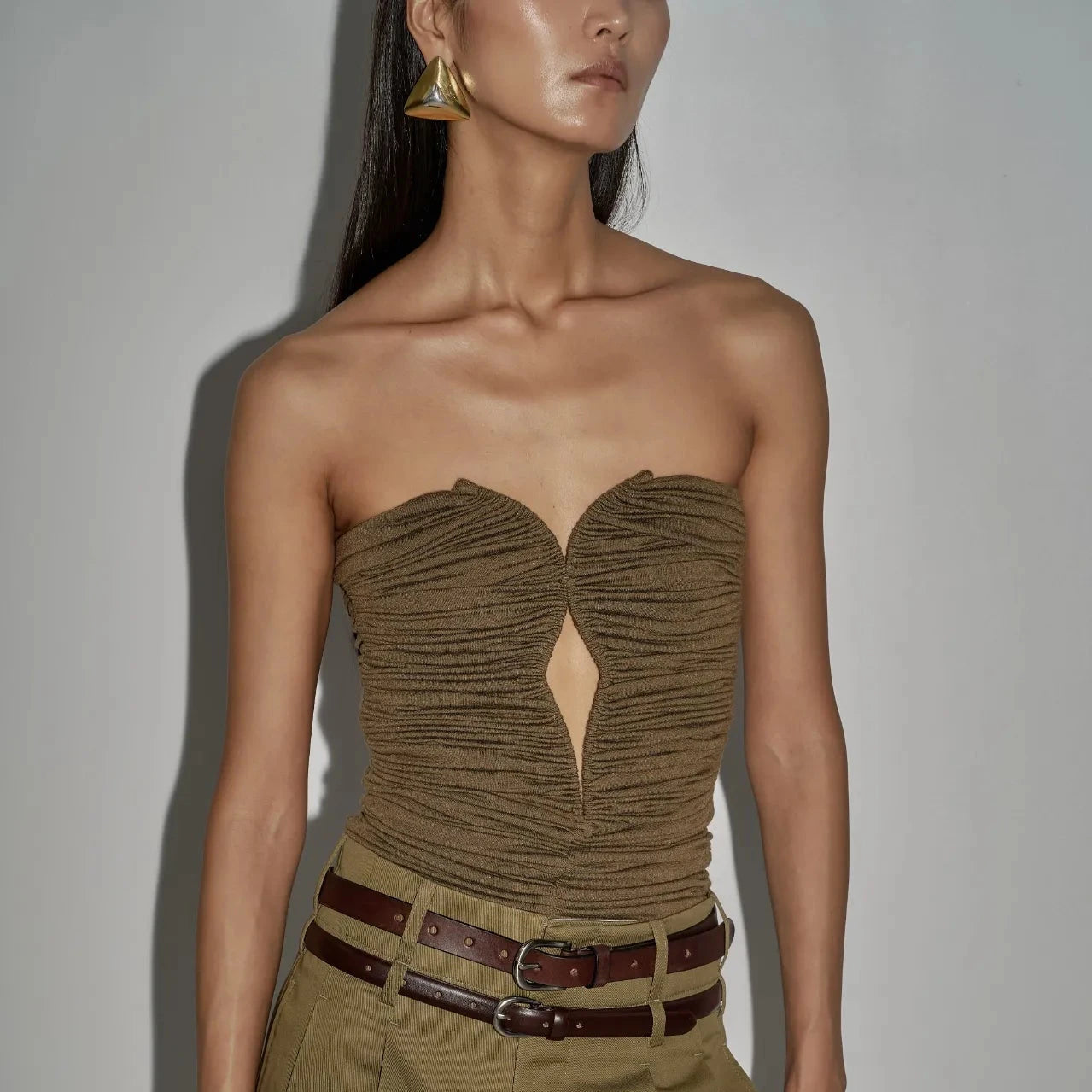 Ruched Strapless Corset Top - Olive Green