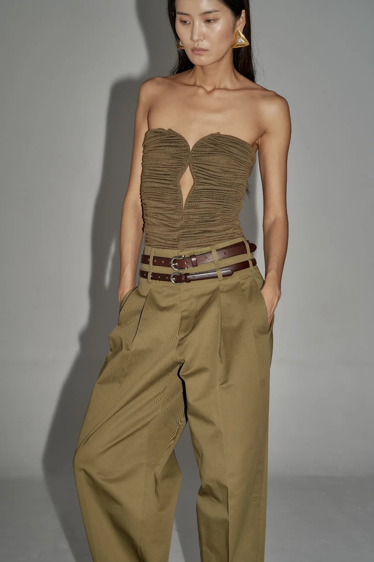Ruched Strapless Corset Top - Olive Green