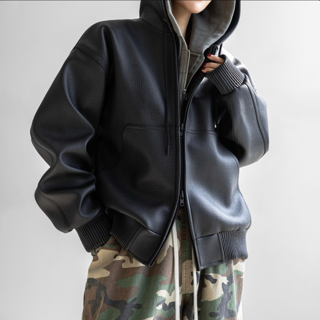 Chaqueta extragrande de cuero con capucha