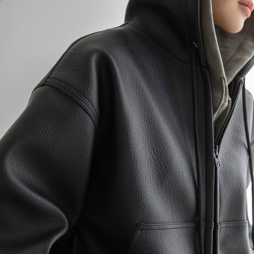 Chaqueta extragrande de cuero con capucha