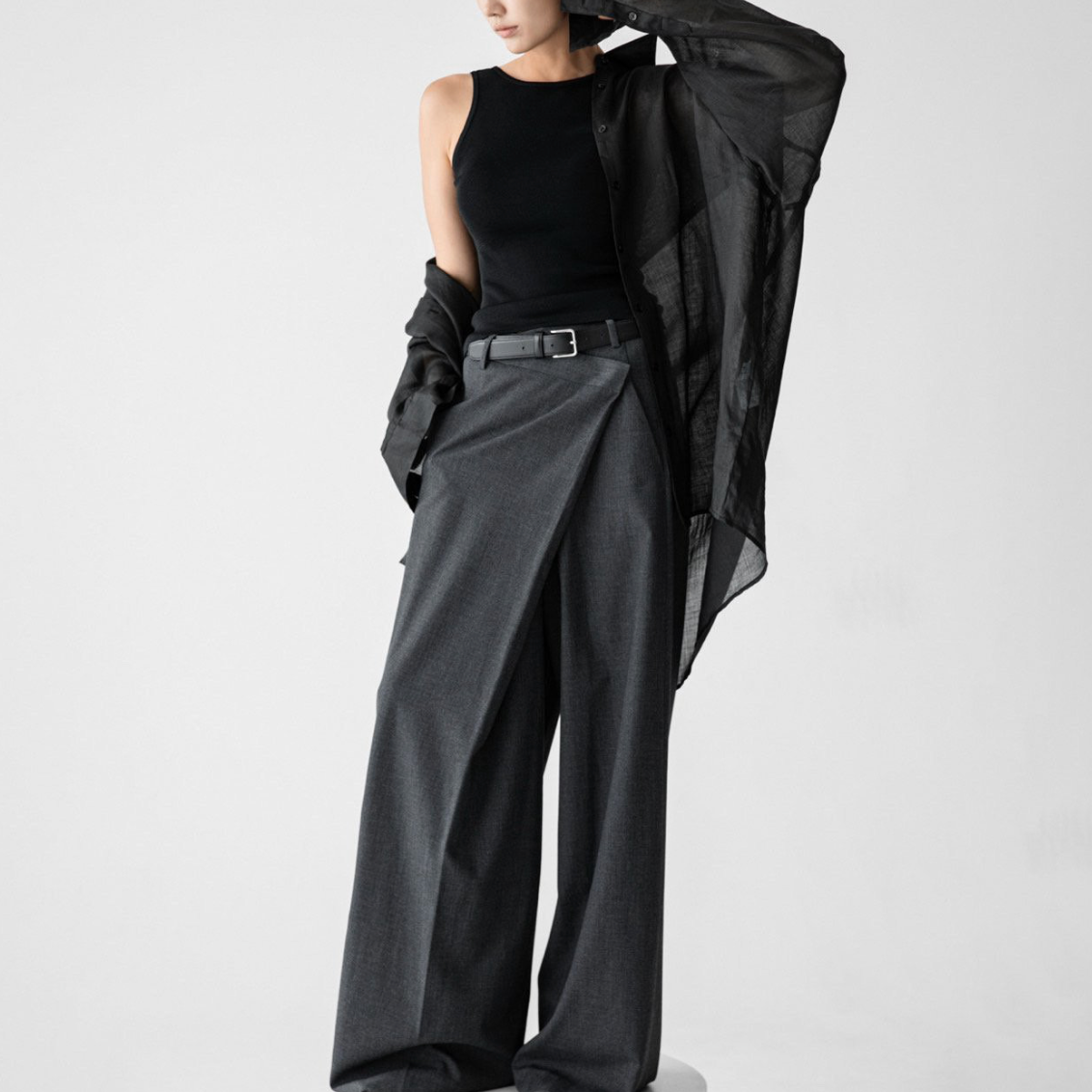 Asymmetry Pin Tuck Maxi Trouser
