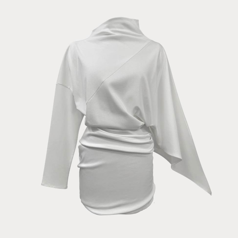 A white draped wrap-style top with a high mock neck and asymmetrical draped sleeves, shown from the back on a light gray background.