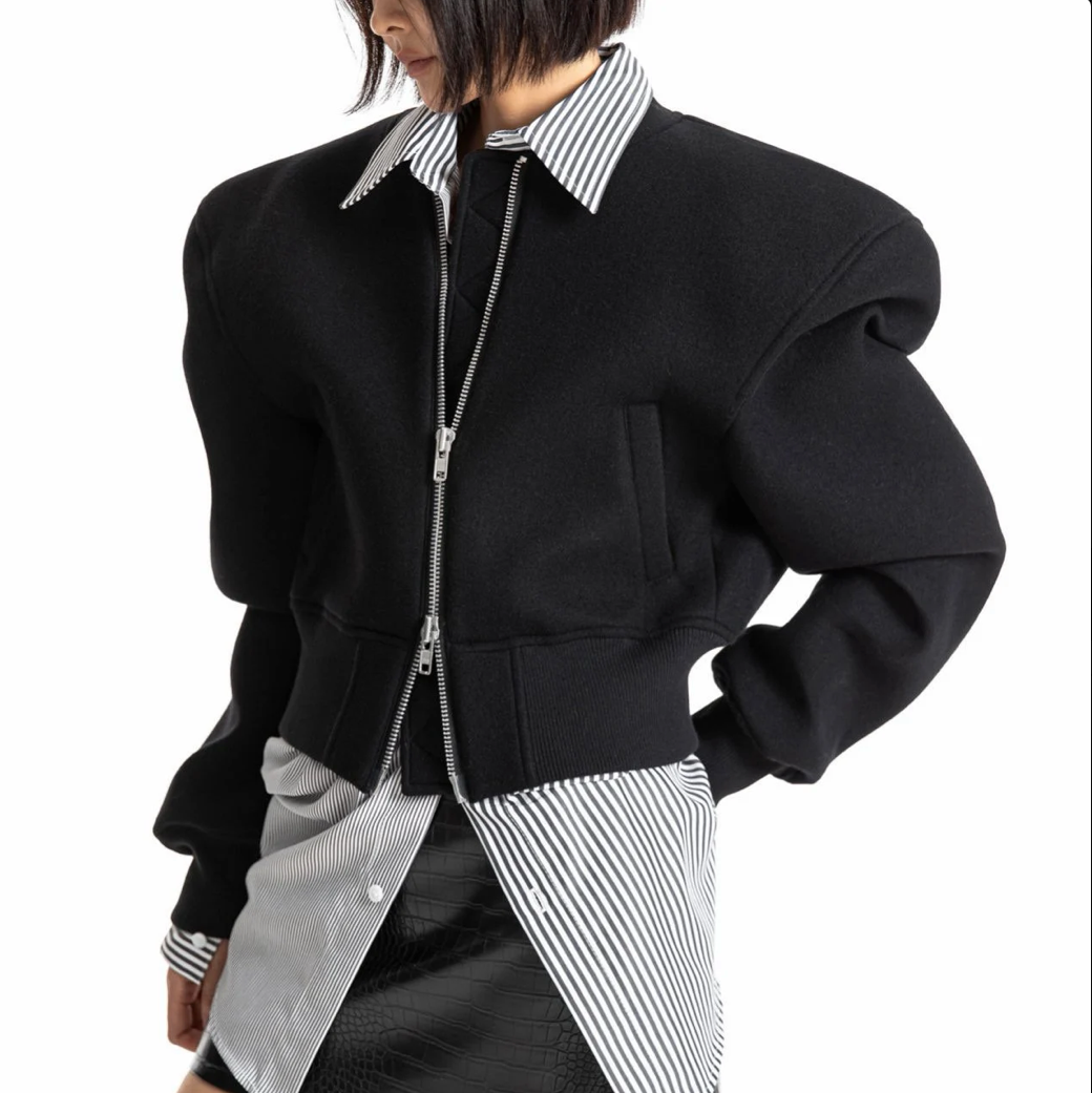 Cushioned Fabric Padded Shoulder Bomber Jacket