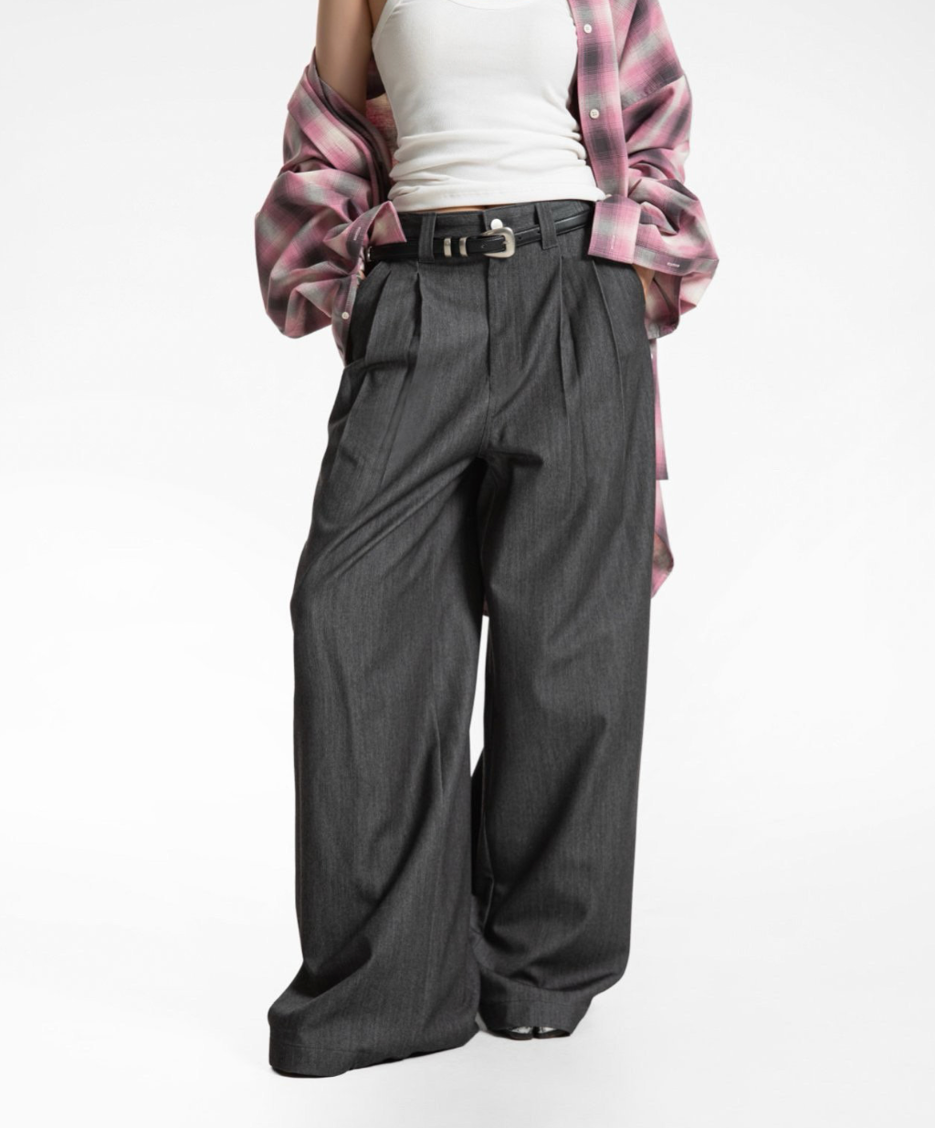 Pleated Detail Twill Denim Wide Trousers