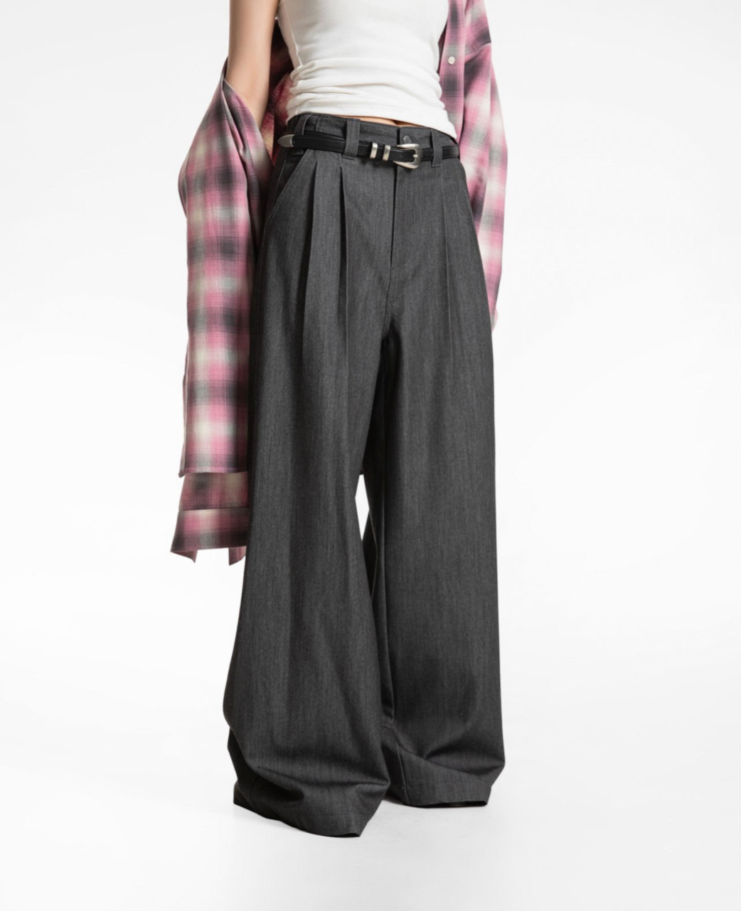 Pleated Detail Twill Denim Wide Trousers