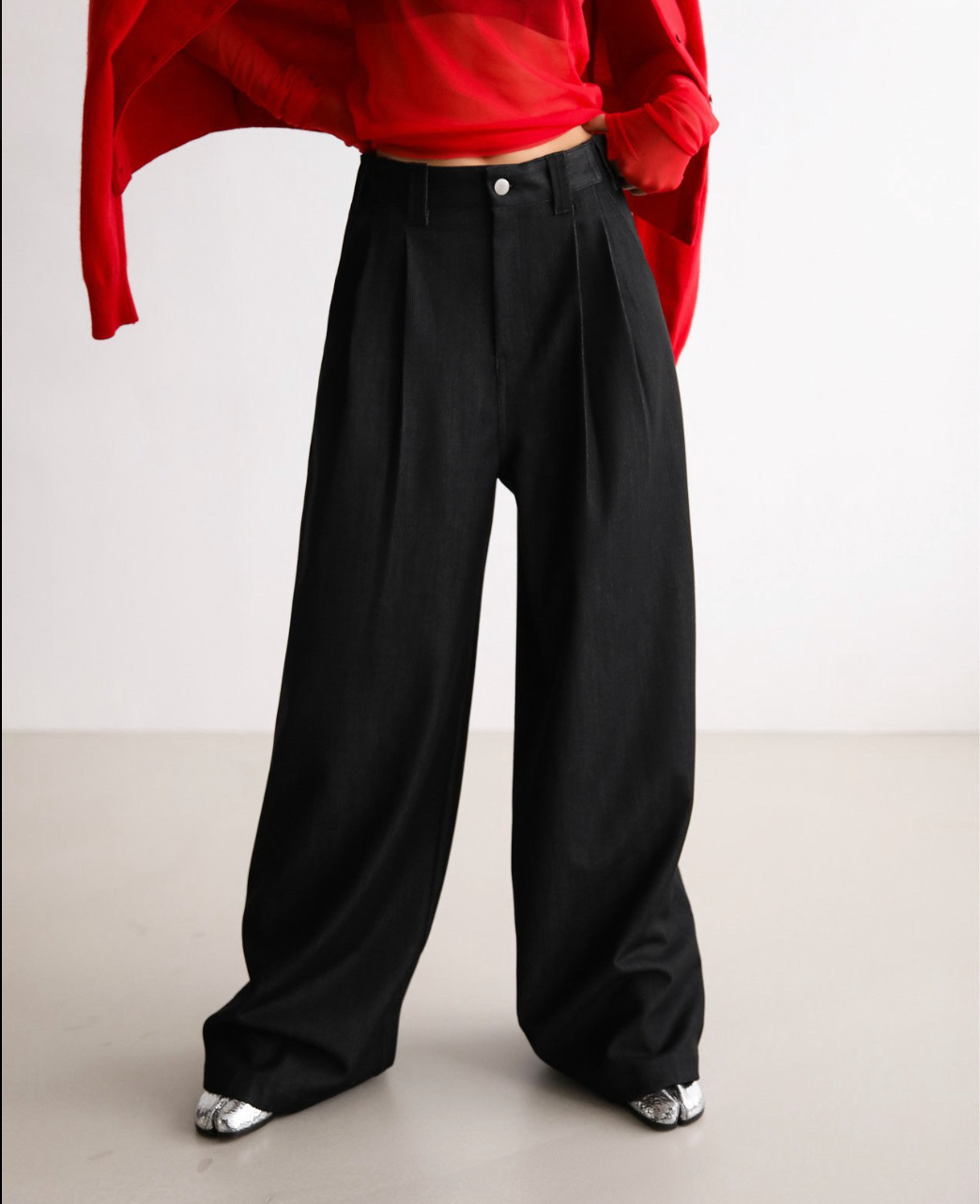 Pleated Detail Twill Denim Wide Trousers