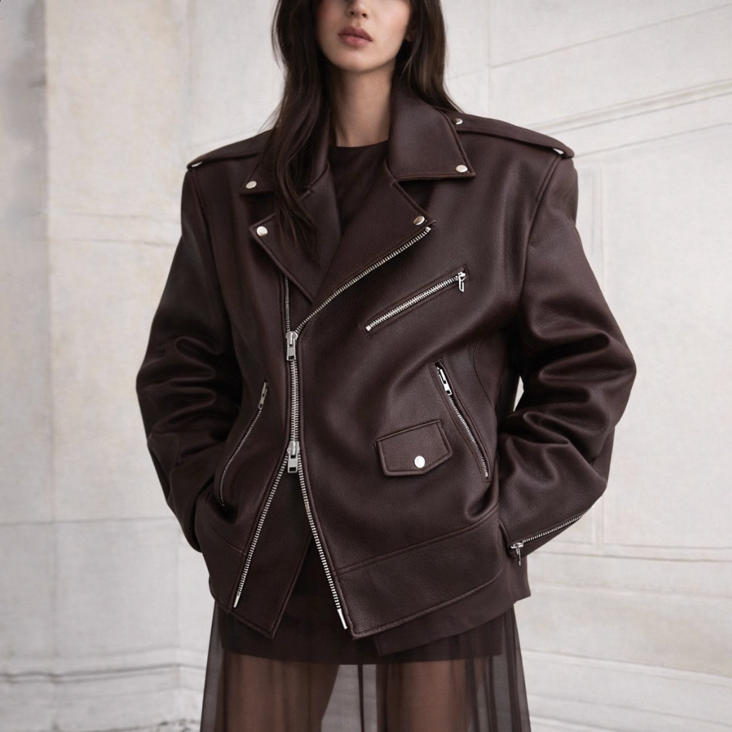 Oversized Chunky Zipped Vegan Leather Biker Jacket