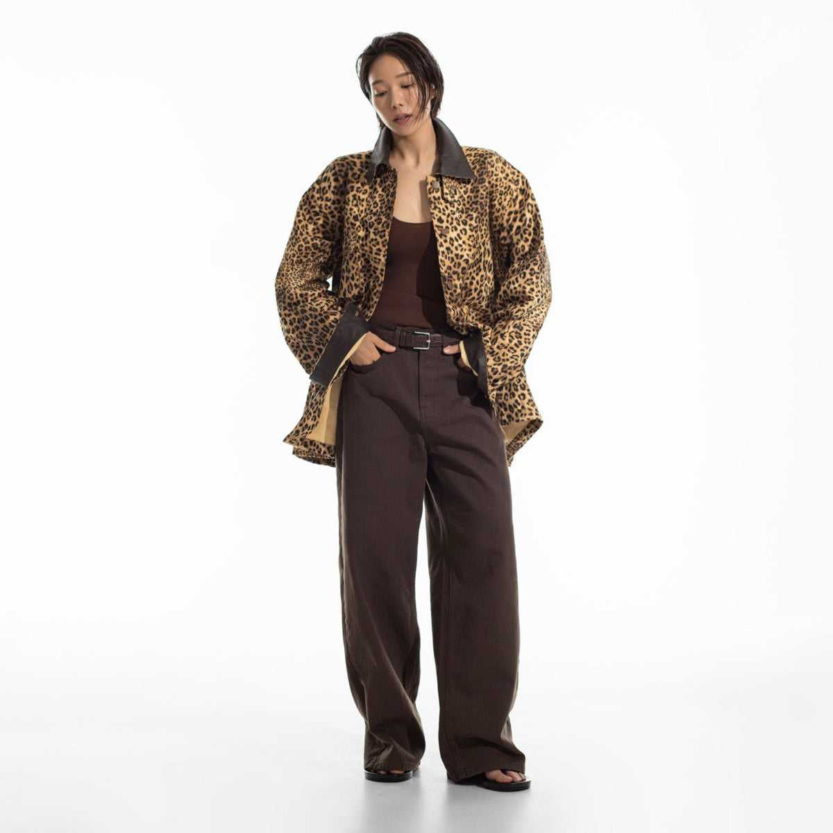 Oversized Leopard Leather Collar Jacket