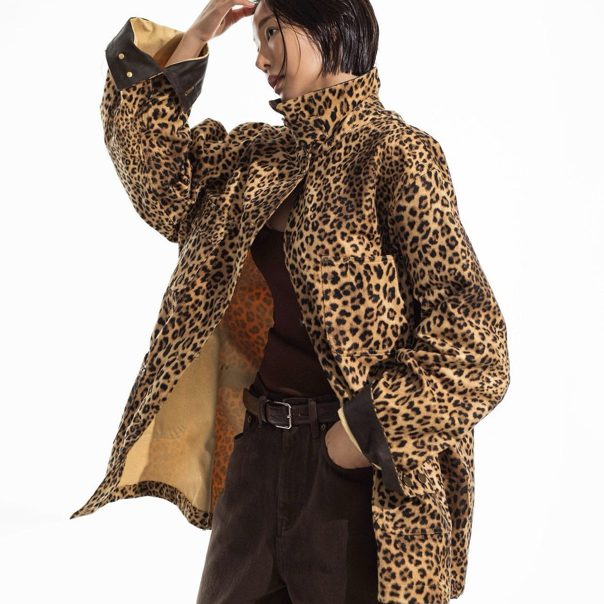 Oversized Leopard Leather Collar Jacket
