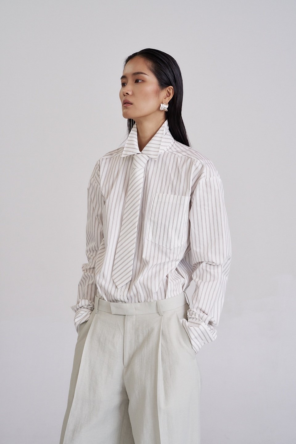 The Pinstripe Statement Shirt- Beige