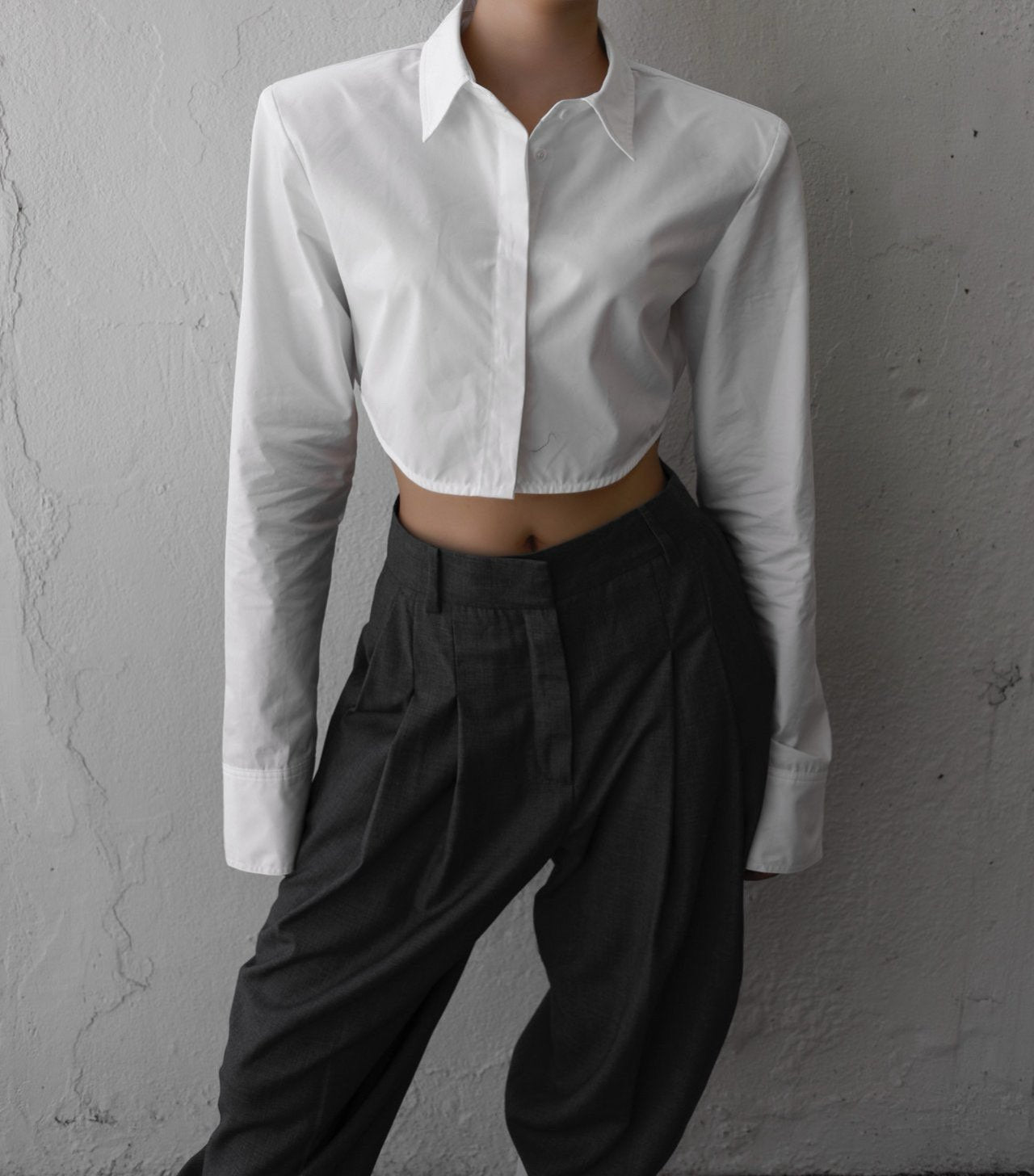 LUX Shoulder Pad Cropped Button Down Shirt