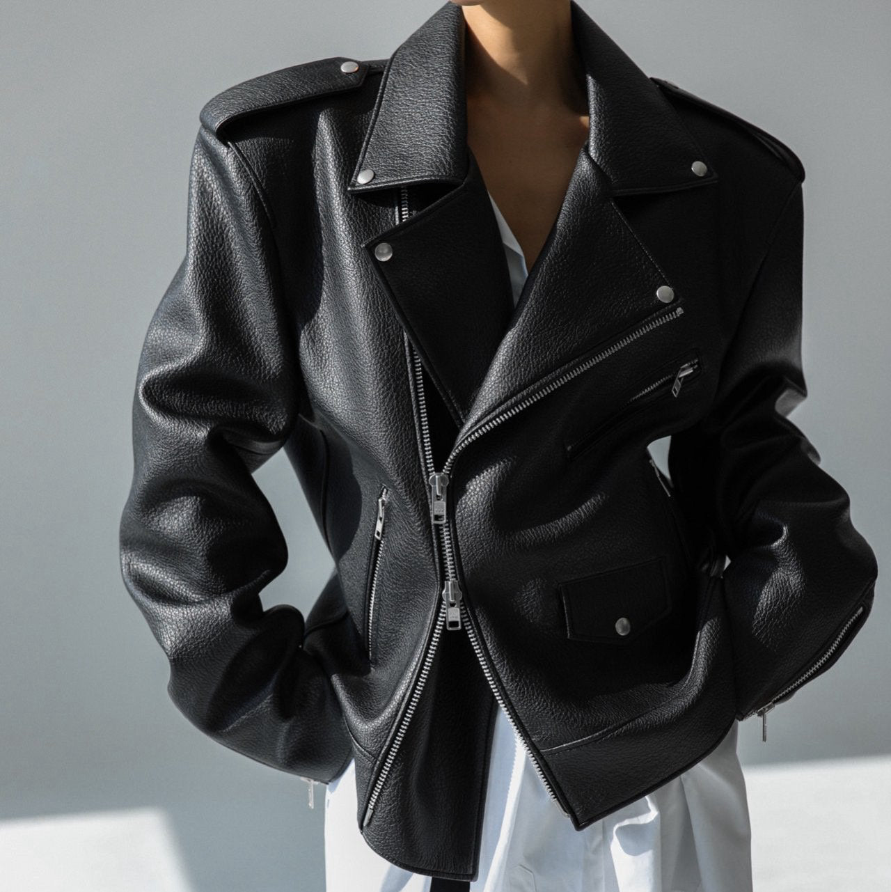 Oversized Chunky Zipped Vegan Leather Biker Jacket