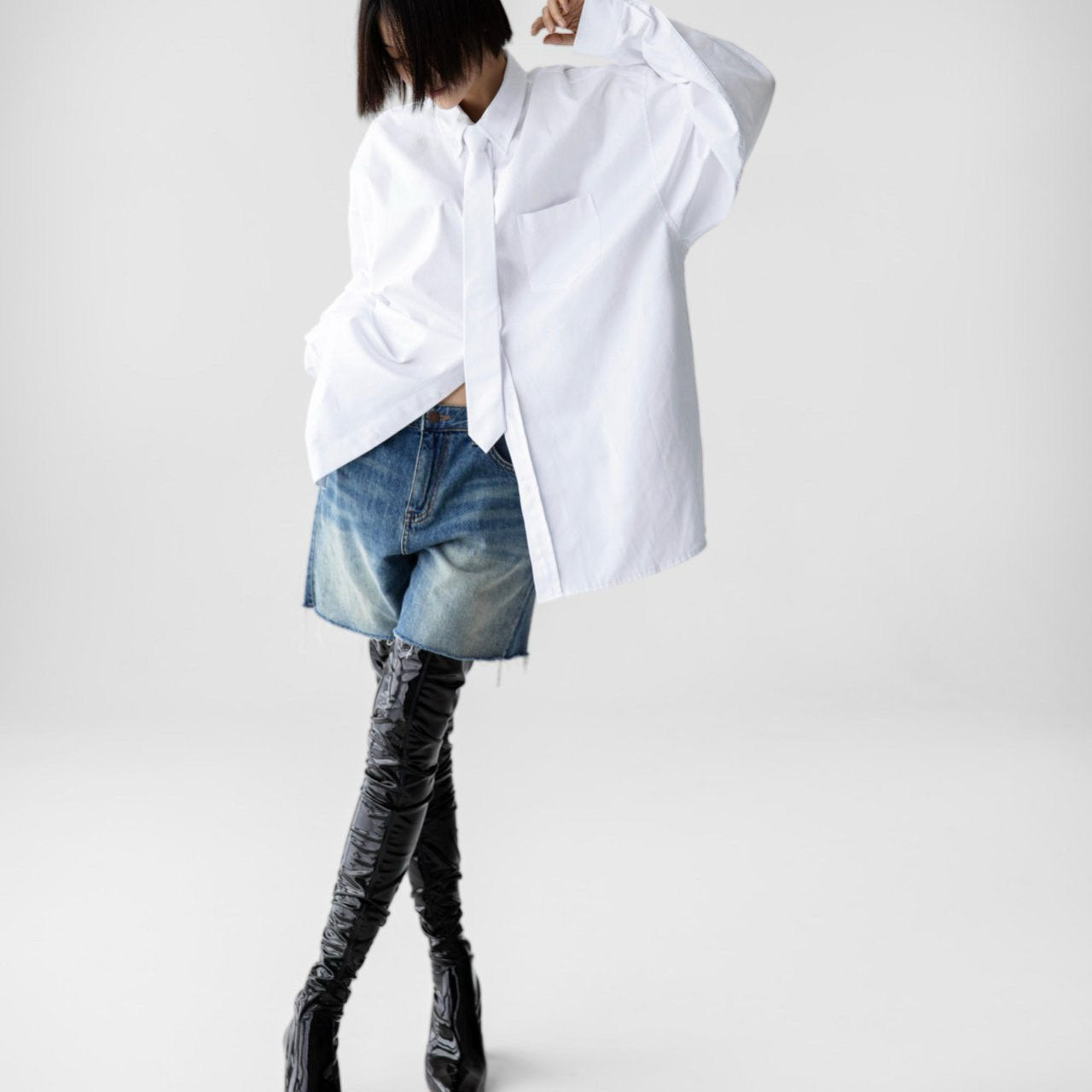 Oversized Neck Tie Button Down Dress - White