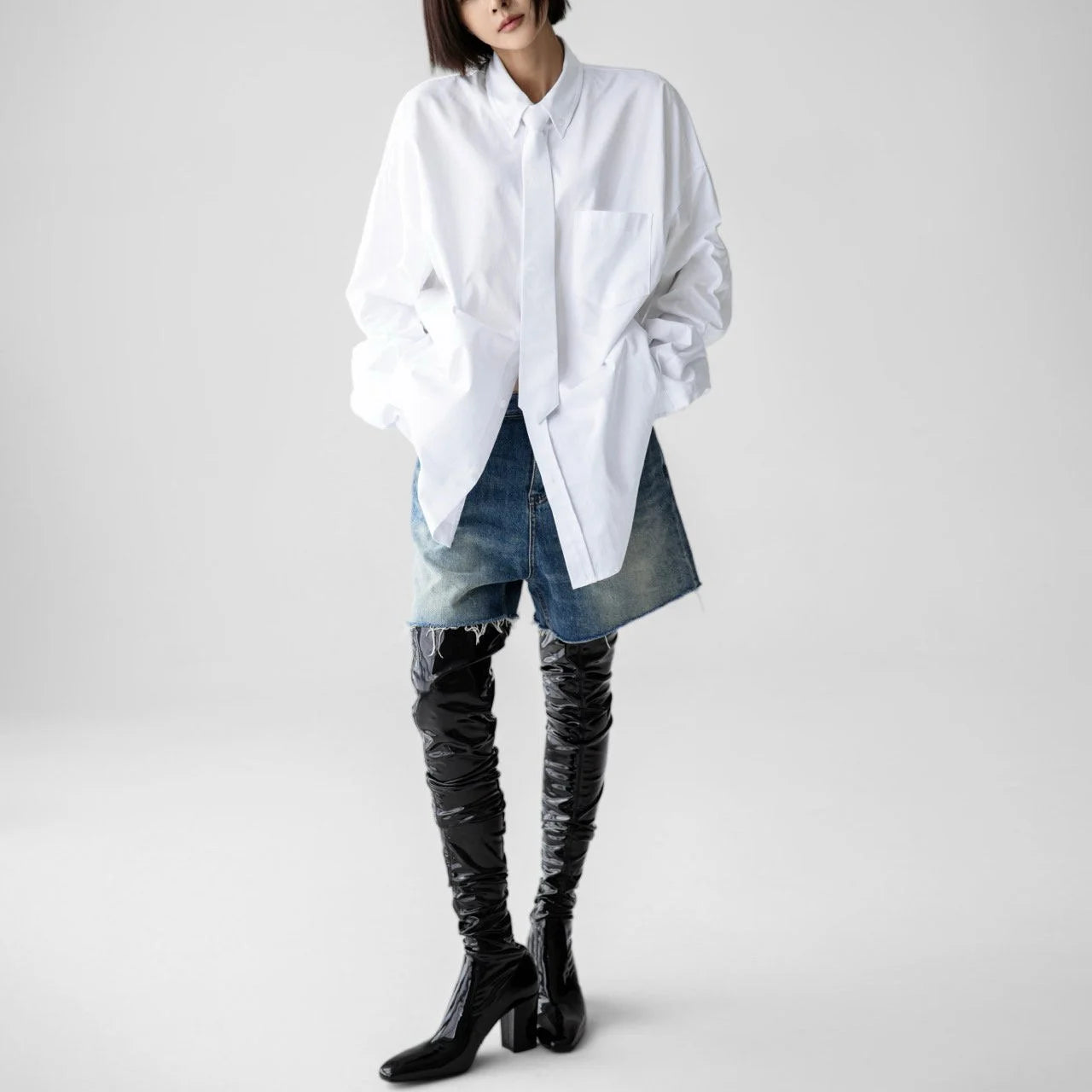 Oversized Neck Tie Button Down Dress - White